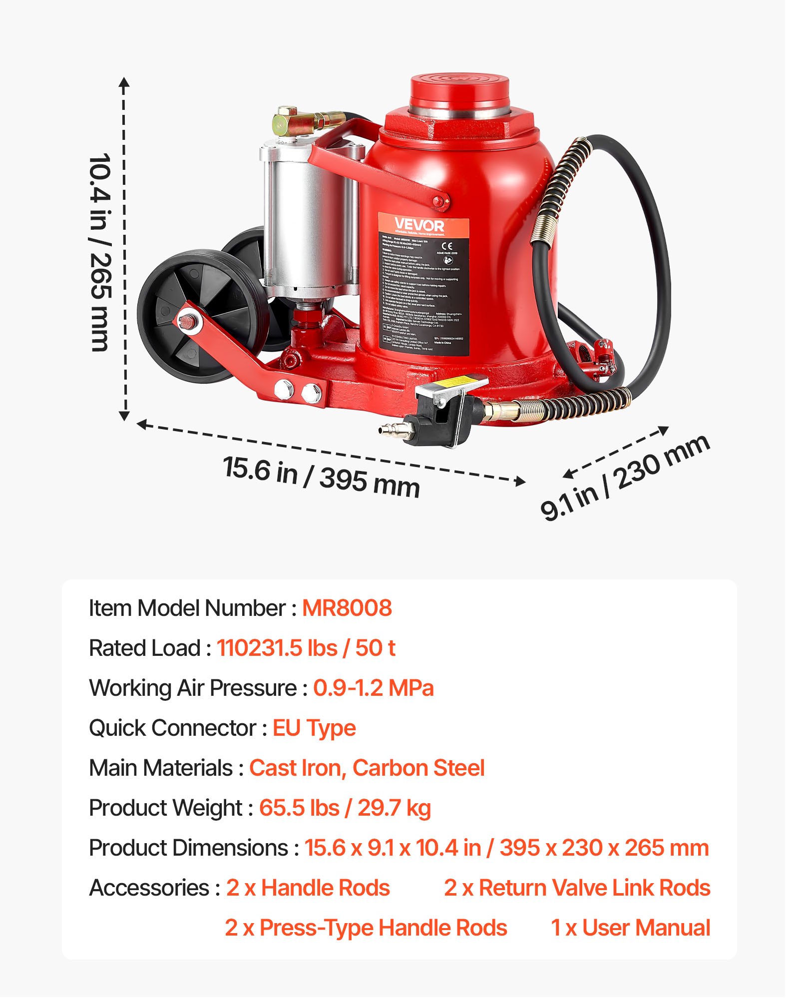 Podnośnik butelkowy pneumatyczny VEVOR, udźwig 50 t, zakres podnoszenia 265–410 mm, pneumatyczno-hydrauliczny/ręczny z pompą do SUV-ów, pickupów, kamperów, napraw samochodowych, czerwony