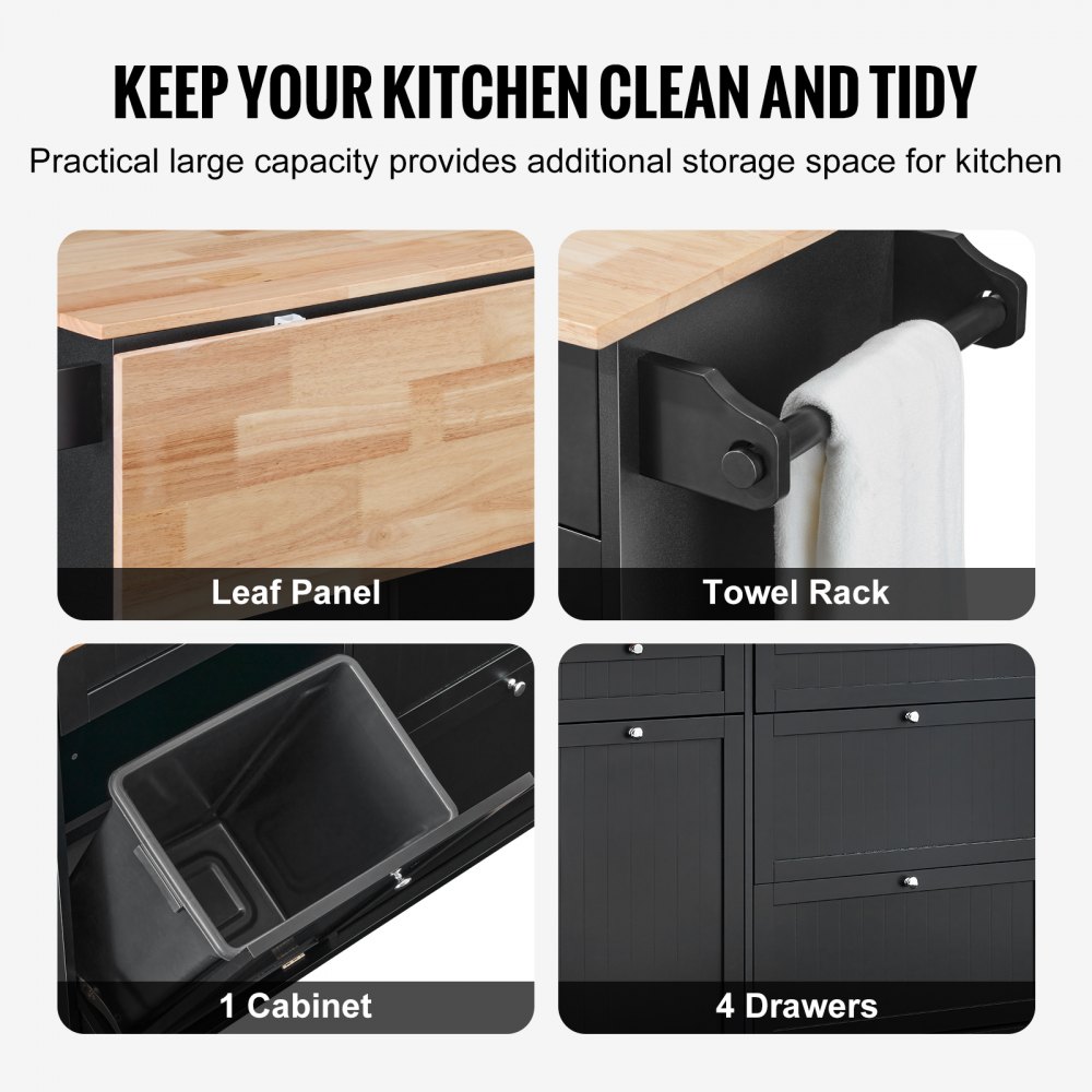 VEVOR Kitchen Island Cart, 128 cm Breakfast Bar with Wooden Top and Fold-Out Waste Bin, 10 Gal Storage, Farmhouse Dining/Living Room Table with Drop-Down Top, Towel Rail, Drawer, Black