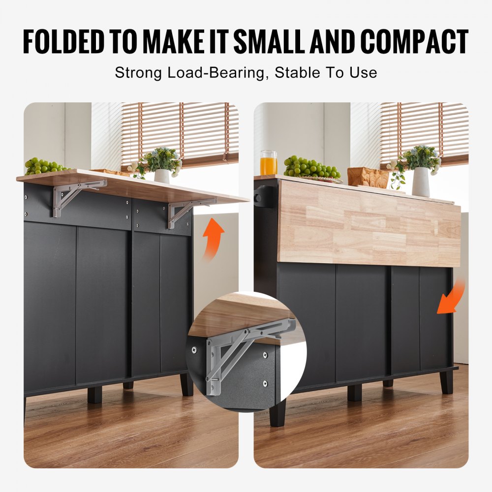 VEVOR Kitchen Island Cart, 128 cm Breakfast Bar with Wooden Top and Fold-Out Waste Bin, 10 Gal Storage, Farmhouse Dining/Living Room Table with Drop-Down Top, Towel Rail, Drawer, Black