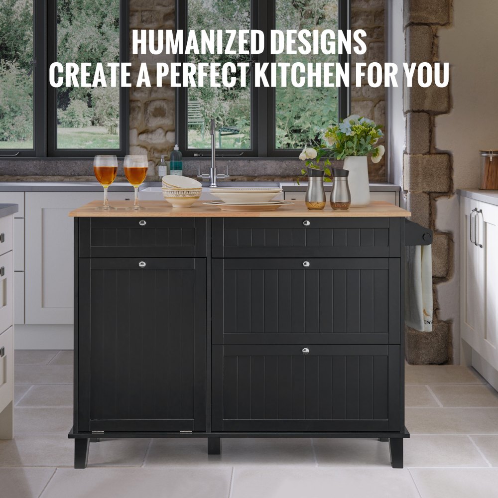 VEVOR Kitchen Island Cart, 128 cm Breakfast Bar with Wooden Top and Fold-Out Waste Bin, 10 Gal Storage, Farmhouse Dining/Living Room Table with Drop-Down Top, Towel Rail, Drawer, Black
