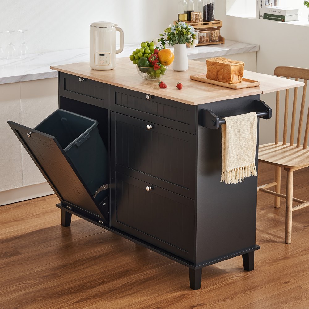 VEVOR Kitchen Island Cart, 128 cm Breakfast Bar with Wooden Top and Fold-Out Waste Bin, 10 Gal Storage, Farmhouse Dining/Living Room Table with Drop-Down Top, Towel Rail, Drawer, Black