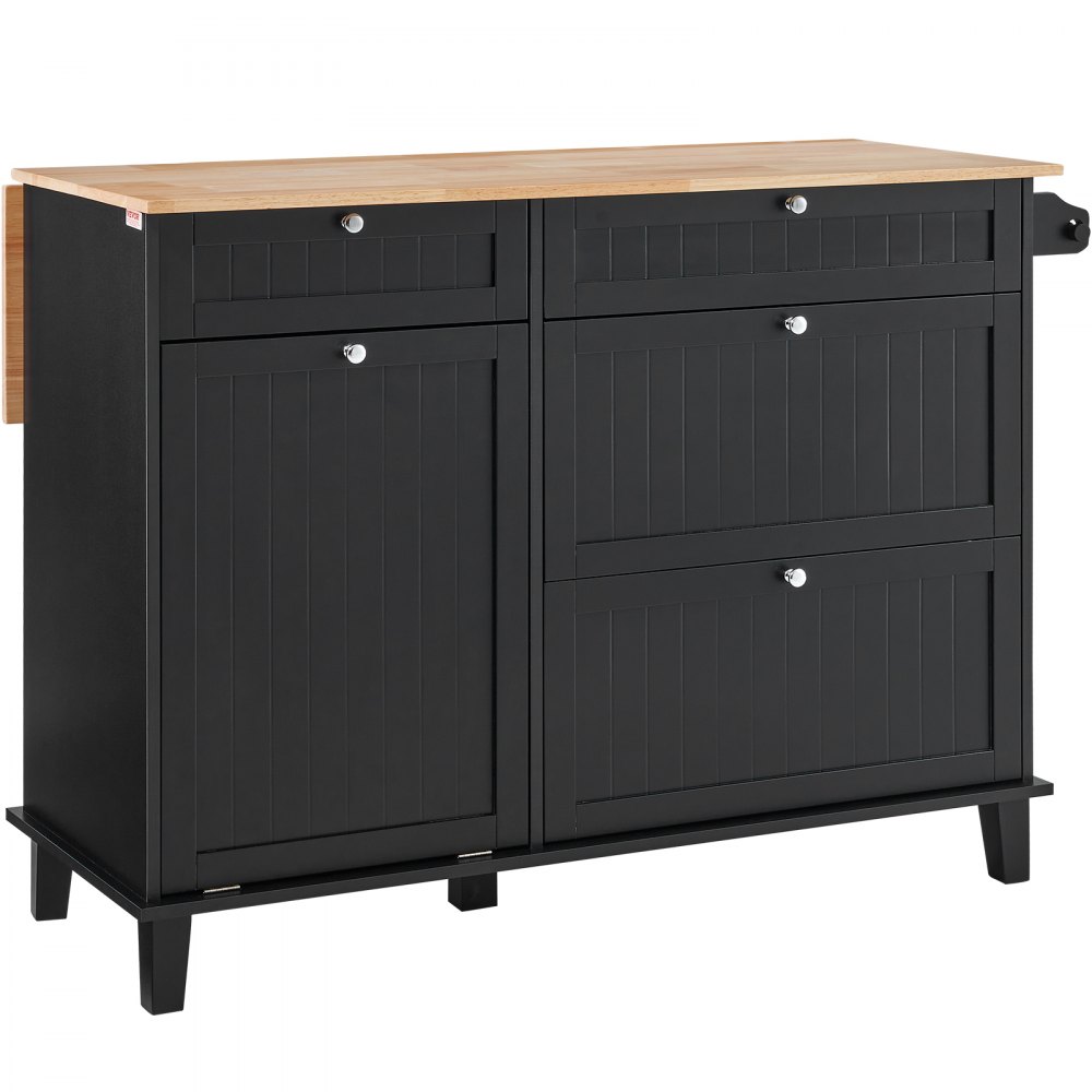 VEVOR Kitchen Island Cart, 128 cm Breakfast Bar with Wooden Top and Fold-Out Waste Bin, 10 Gal Storage, Farmhouse Dining/Living Room Table with Drop-Down Top, Towel Rail, Drawer, Black