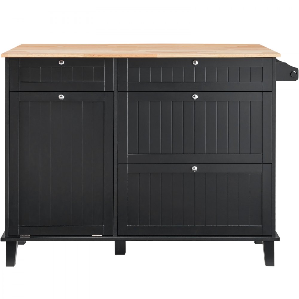 VEVOR Kitchen Island Cart, 128 cm Breakfast Bar with Wooden Top and Fold-Out Waste Bin, 10 Gal Storage, Farmhouse Dining/Living Room Table with Drop-Down Top, Towel Rail, Drawer, Black