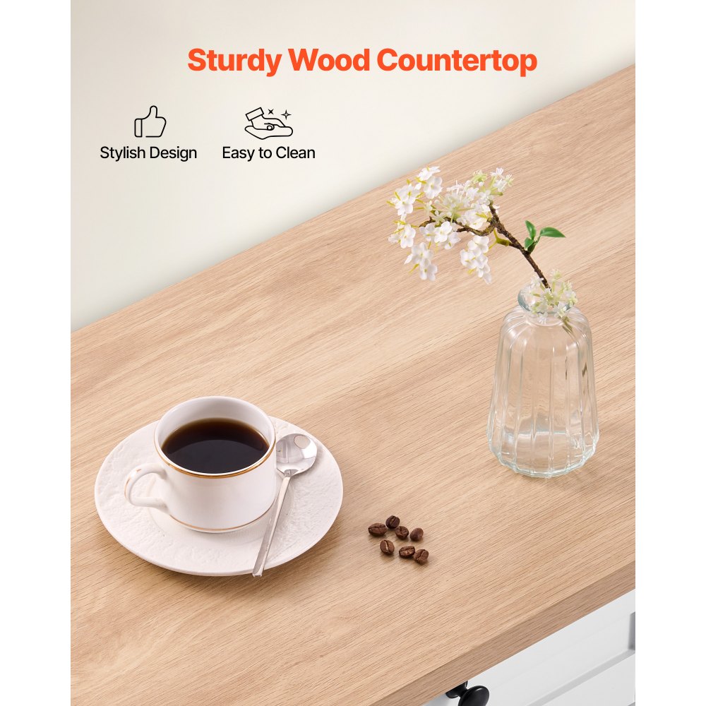 VEVOR Wózek kuchenny na wyspę o szerokości 153 cm, mobilny wózek kuchenny z kółkami i składanym blatem, 2 szufladami, szafką na śmieci, uchwytem na noże, półką na przyprawy i ręczniki, stołem do jadalni i spiżarni