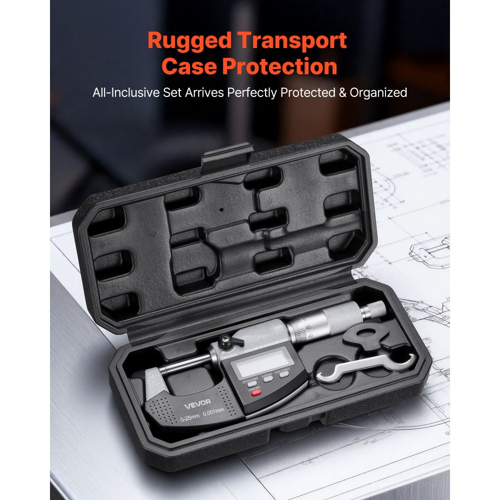 Mikrometr VEVOR, mikrometr cyfrowy, zakres pomiarowy 0–25,4 mm, rozdzielczość 0,001 mm, najwyższa precyzja 0,003 mm, wyświetlacz LCD, przełączanie cali/mm, końcówka z węglika spiekanego, z etui