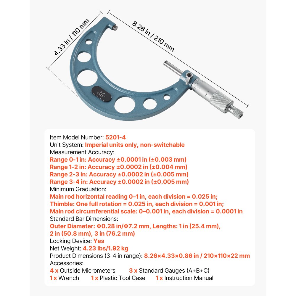 Zestaw mikrometrów VEVOR, 4-częściowy, o dokładności pomiaru 0,0001/0,0002 cala, do obróbki metali i inżynierii mechanicznej, z etui, 0-1/1-2/2-3/3-4 cale