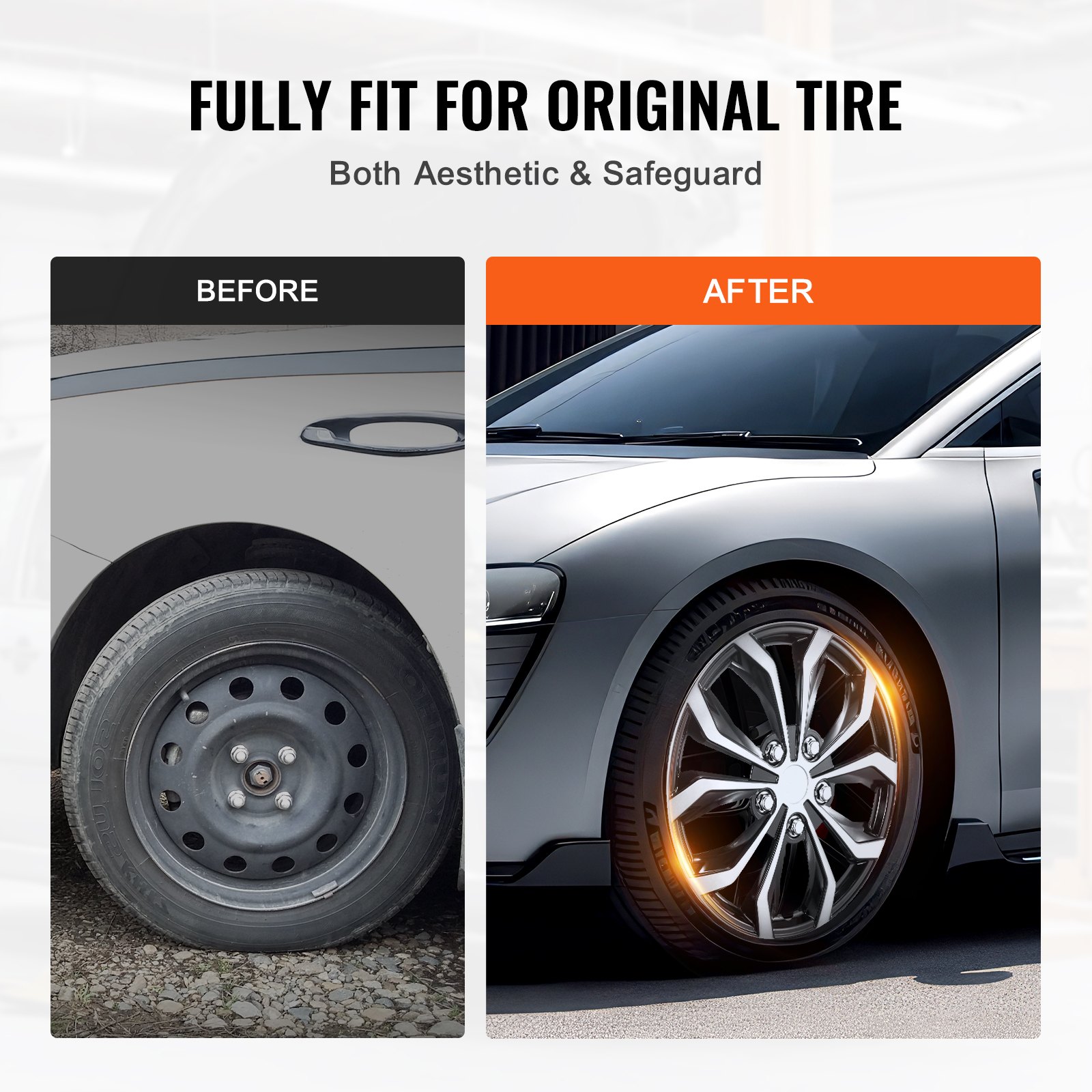 VEVOR Wheel Covers Hub Caps Rim Covers 4 pcs. for 15 inch diameter, Wheel cover (φ415 x 60 mm) with snap fastener & valve nozzle hole, ABS and PC wheel cover with high rigidity, weatherproof