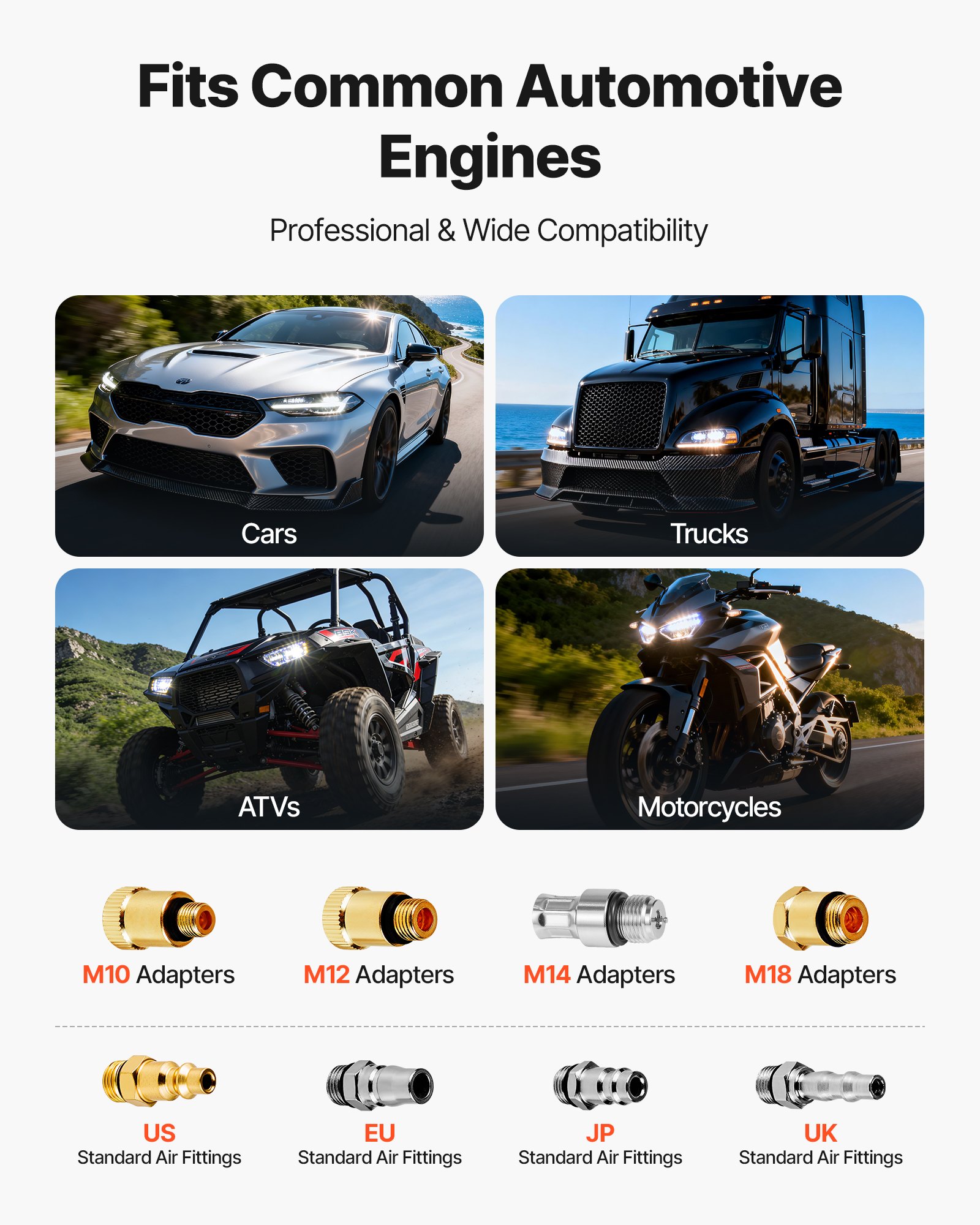 VEVOR Engine Cylinder Compression Tester Kit, Pressure Gauge Range of 0-100 PSI, Automotive Leak Down Tester Kit with 4 Adapters & Air Fittings, Pressure Check & Leakage Rate Test on Cars, Motorcycles