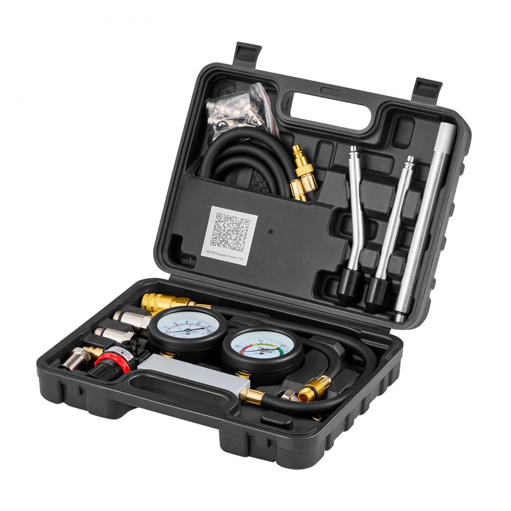 Tester spadku ciśnienia VEVOR w cylindrach silnika, zakres manometru 0–100 psi, tester ciśnienia w cylindrze z 4 adapterami i 2 metalowymi rurkami, zestaw do pomiaru ciśnienia sprężania w samochodach, pomiar ciśnienia i szybkości nieszczelności
