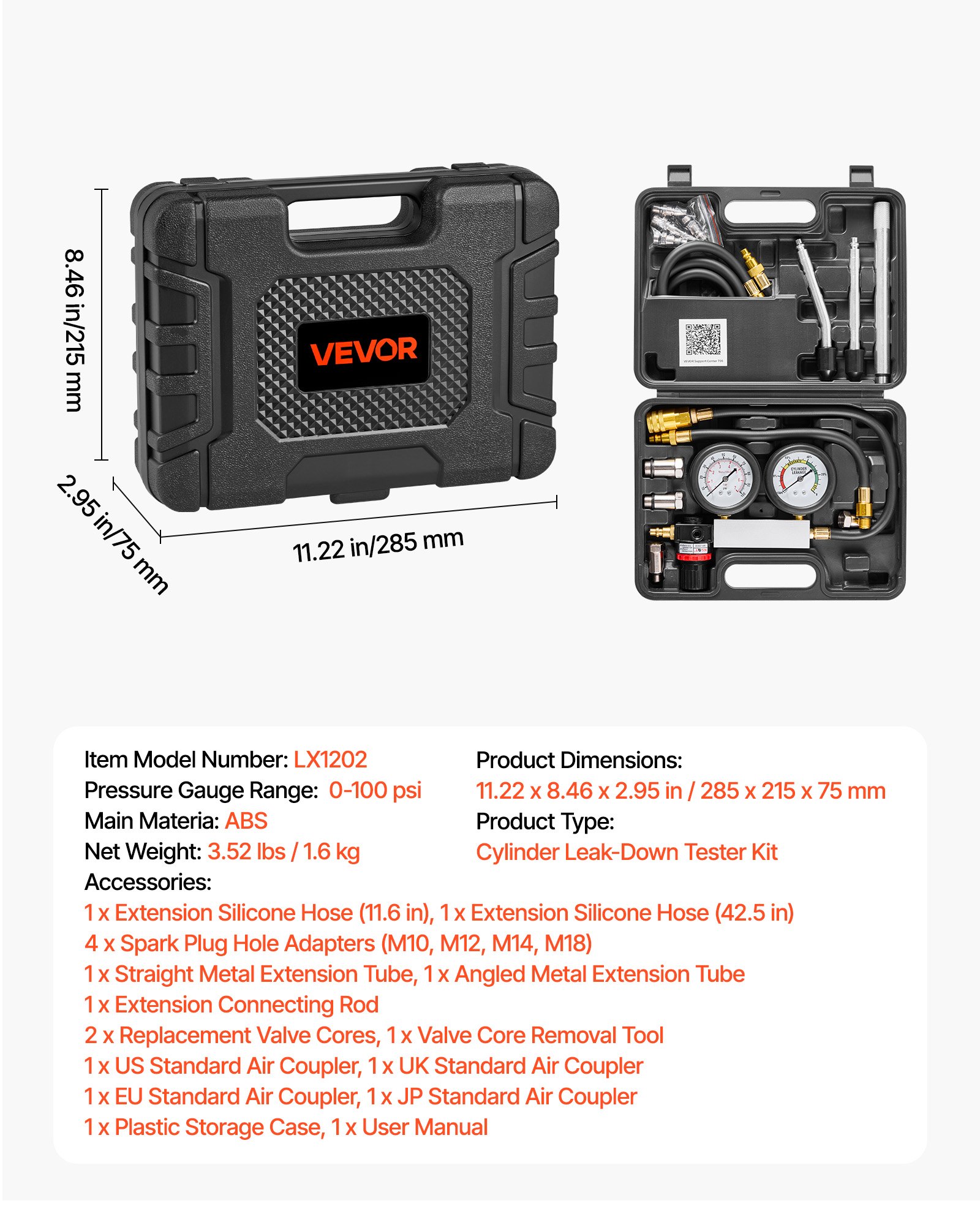 Tester spadku ciśnienia VEVOR w cylindrach silnika, zakres manometru 0–100 psi, tester ciśnienia w cylindrze z 4 adapterami i 2 metalowymi rurkami, zestaw do pomiaru ciśnienia sprężania w samochodach, pomiar ciśnienia i szybkości nieszczelności