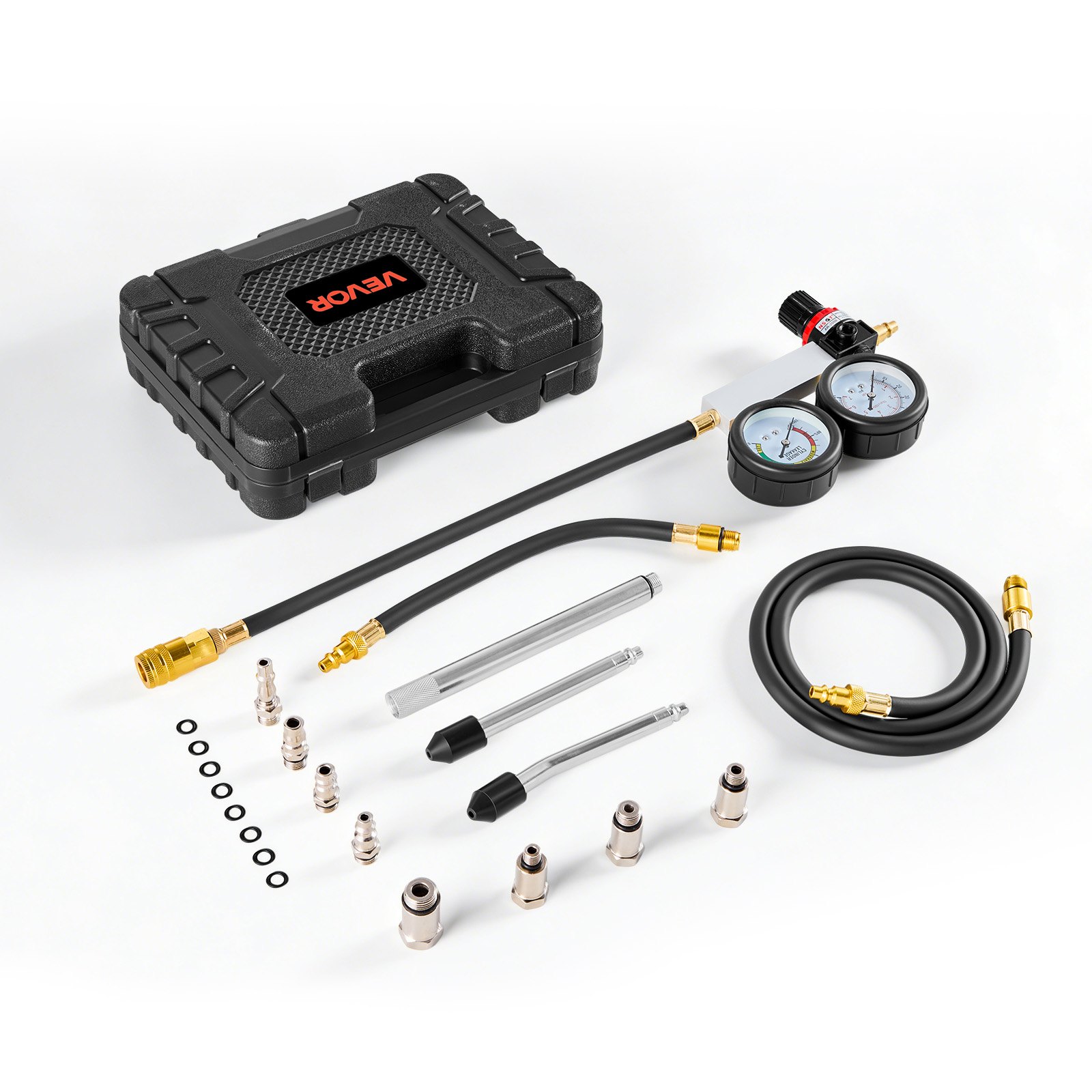 Tester spadku ciśnienia VEVOR w cylindrach silnika, zakres manometru 0–100 psi, tester ciśnienia w cylindrze z 4 adapterami i 2 metalowymi rurkami, zestaw do pomiaru ciśnienia sprężania w samochodach, pomiar ciśnienia i szybkości nieszczelności
