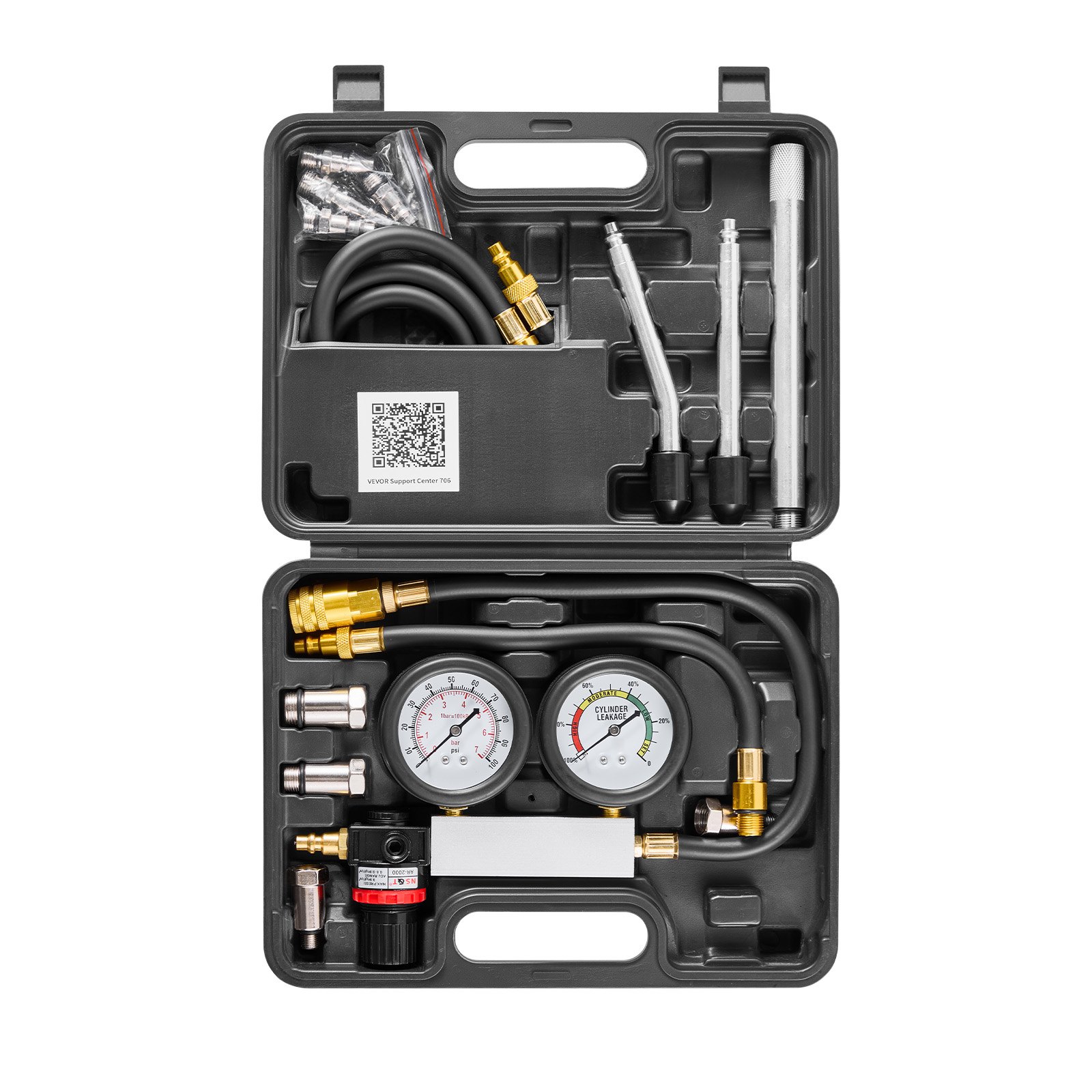Tester spadku ciśnienia VEVOR w cylindrach silnika, zakres manometru 0–100 psi, tester ciśnienia w cylindrze z 4 adapterami i 2 metalowymi rurkami, zestaw do pomiaru ciśnienia sprężania w samochodach, pomiar ciśnienia i szybkości nieszczelności