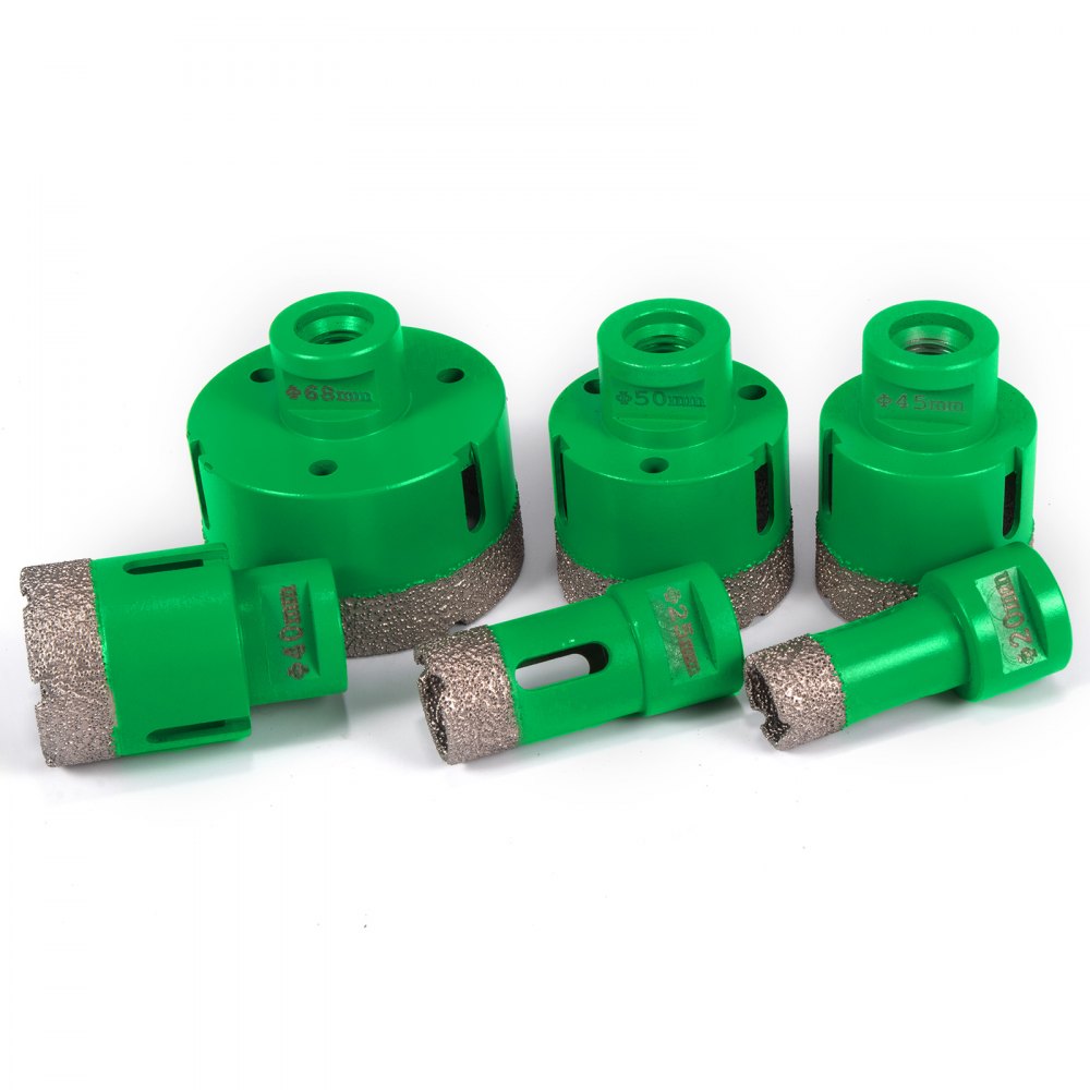 Otwornica diamentowa VEVOR 20, 25, 40, 45, 50, 68 mm, otwornica do wiercenia płytek z gwintem M14, wiertło diamentowe o grubości ostrza 1,4 mm, wiertło do szkła z 6 wiertłami i 2 ostrzami, urządzenie do uszczelniania folii do płytek