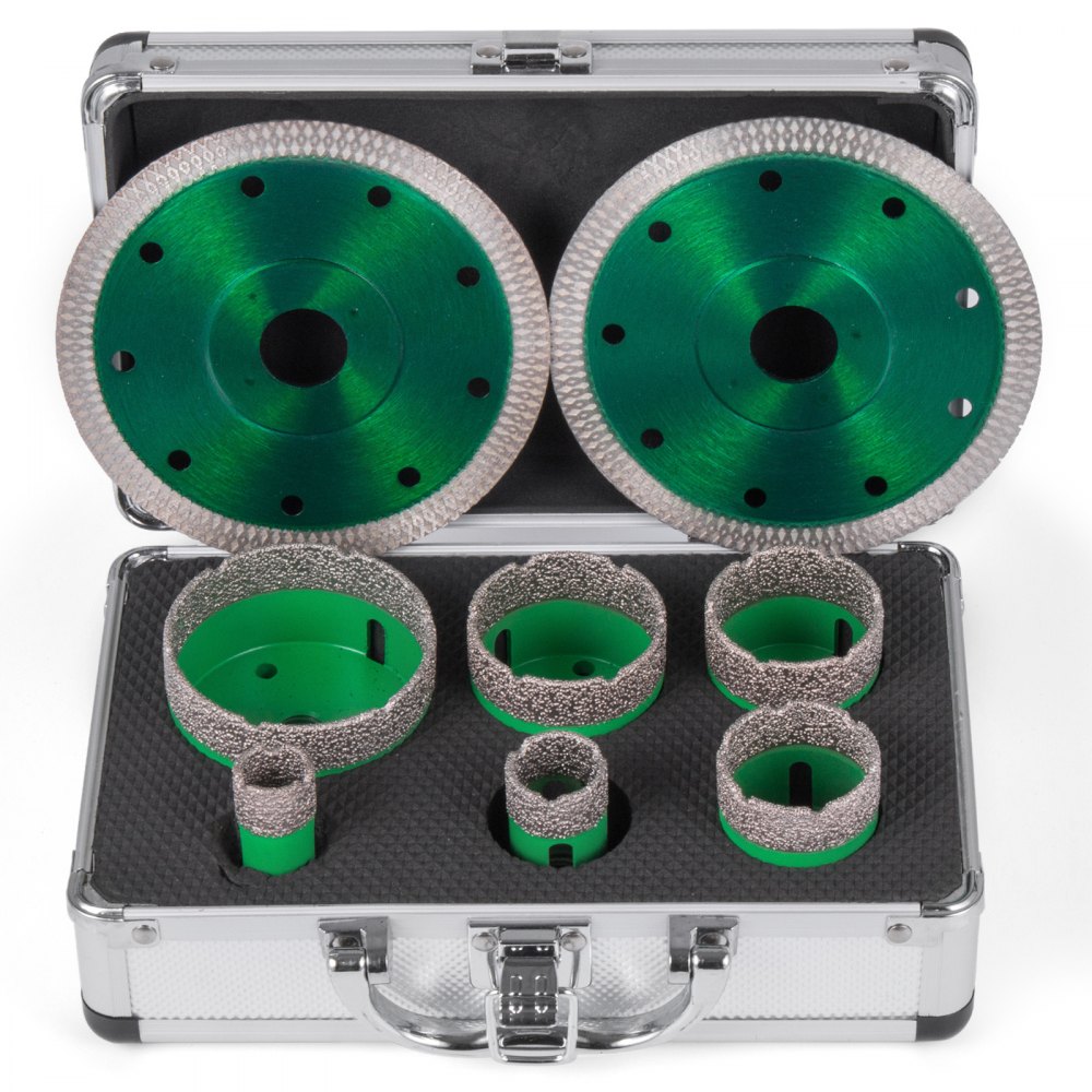 Otwornica diamentowa VEVOR 20, 25, 40, 45, 50, 68 mm, otwornica do wiercenia płytek z gwintem M14, wiertło diamentowe o grubości ostrza 1,4 mm, wiertło do szkła z 6 wiertłami i 2 ostrzami, urządzenie do uszczelniania folii do płytek