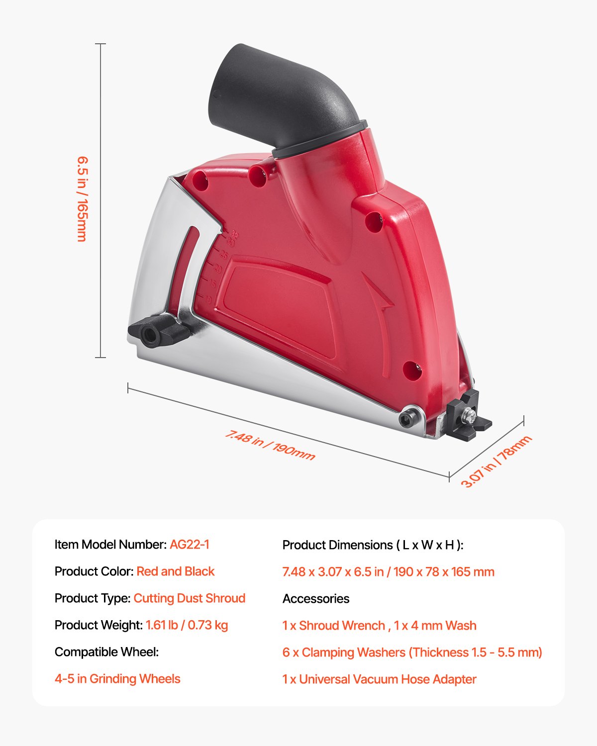 Osłona odciągowa do szlifierki kątowej VEVOR, kompatybilna z 100-125 mm, osłona przeciwpyłowa z 6 tarczami zaciskowymi, regulowana głębokość cięcia, podłączenie do odkurzacza, do drewna, betonu, ścian, kamienia, kolor czerwony