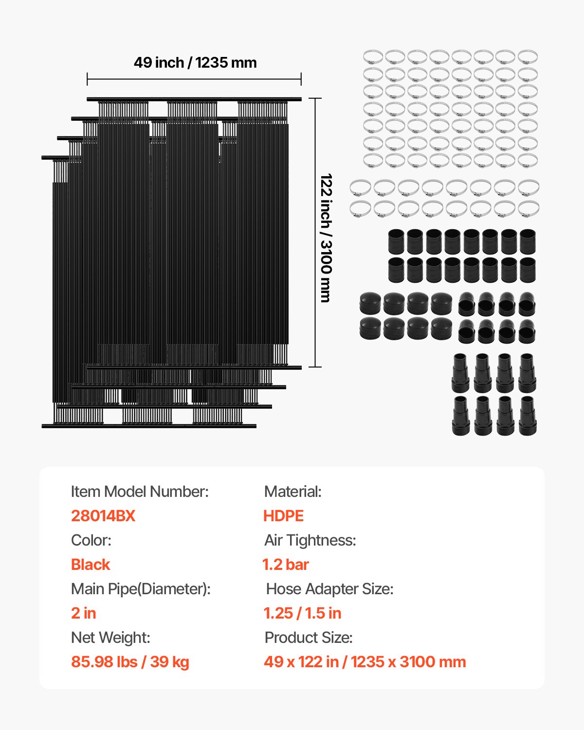 VEVOR Solarny kolektor do podgrzewacza basenowego, panel solarny HDPE 1235 x 3100 mm (zestaw 4 szt.), z kompletnymi akcesoriami, panel solarny do basenu, podnosi temperaturę wody, basen naziemny i wkopany w ziemię