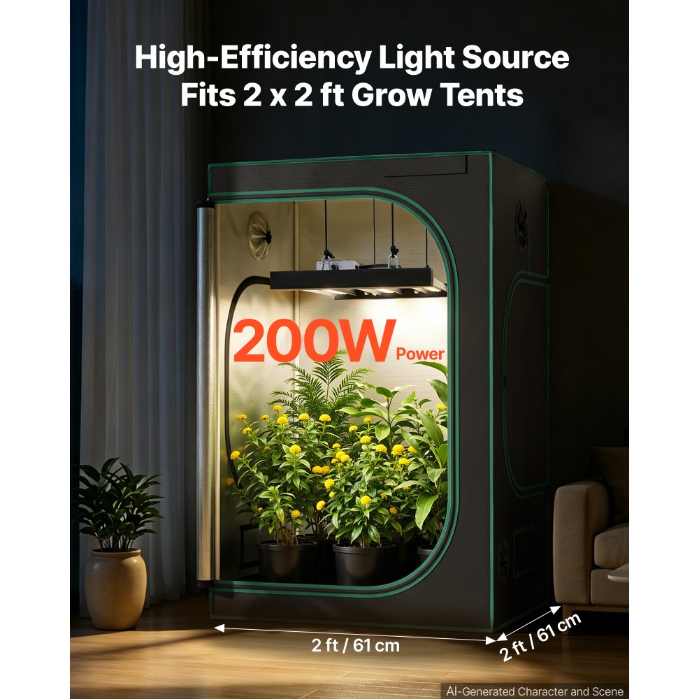 Lampa LED VEVOR do roślin ściemnialna, 200 W, pełne spektrum 400–740 nm, 3000 K–6500 K, do namiotów uprawowych (60 x 60 cm), z bezstopniowym ściemnianiem, połączenie szeregowe do 60 lamp, listwy świetlne ze stopu aluminium