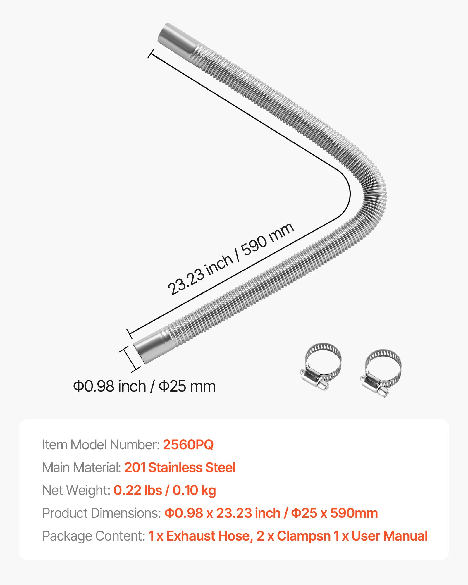 Rura wydechowa VEVOR, elastyczny wąż wydechowy do ogrzewania postojowego, 59 cm do ogrzewania samochodowego na olej napędowy, z 2 zaciskami, rura wydechowa ze stali nierdzewnej o przekroju Φ 25 mm do ogrzewania powietrza na olej napędowy o mocy 2 kW / 5 kW / 8 kW