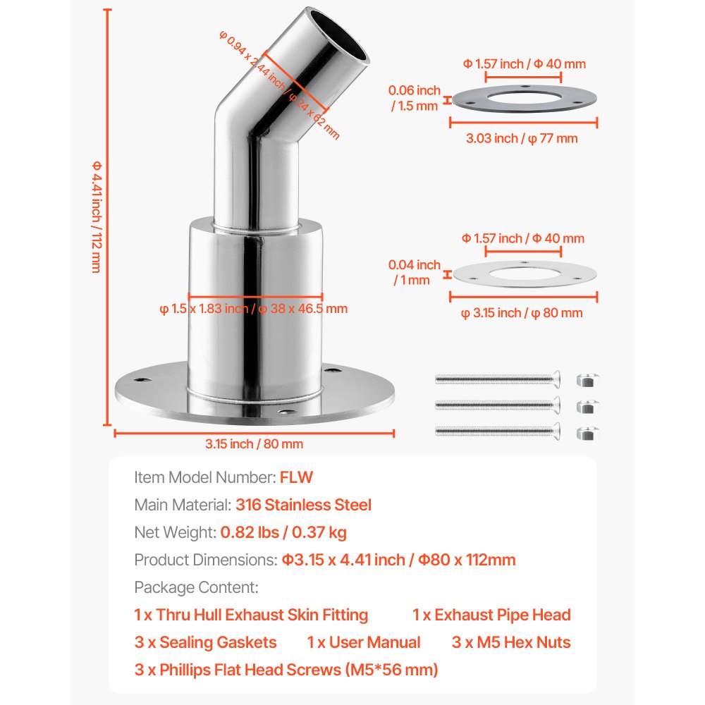 VEVOR, przelotowy element układu wydechowego, 24 mm, wykończenie układu wydechowego ogrzewania postojowego z nakrętkami i śrubami oraz uszczelką, zamienna dysza rury wydechowej kadłuba, stal nierdzewna 316, srebrna