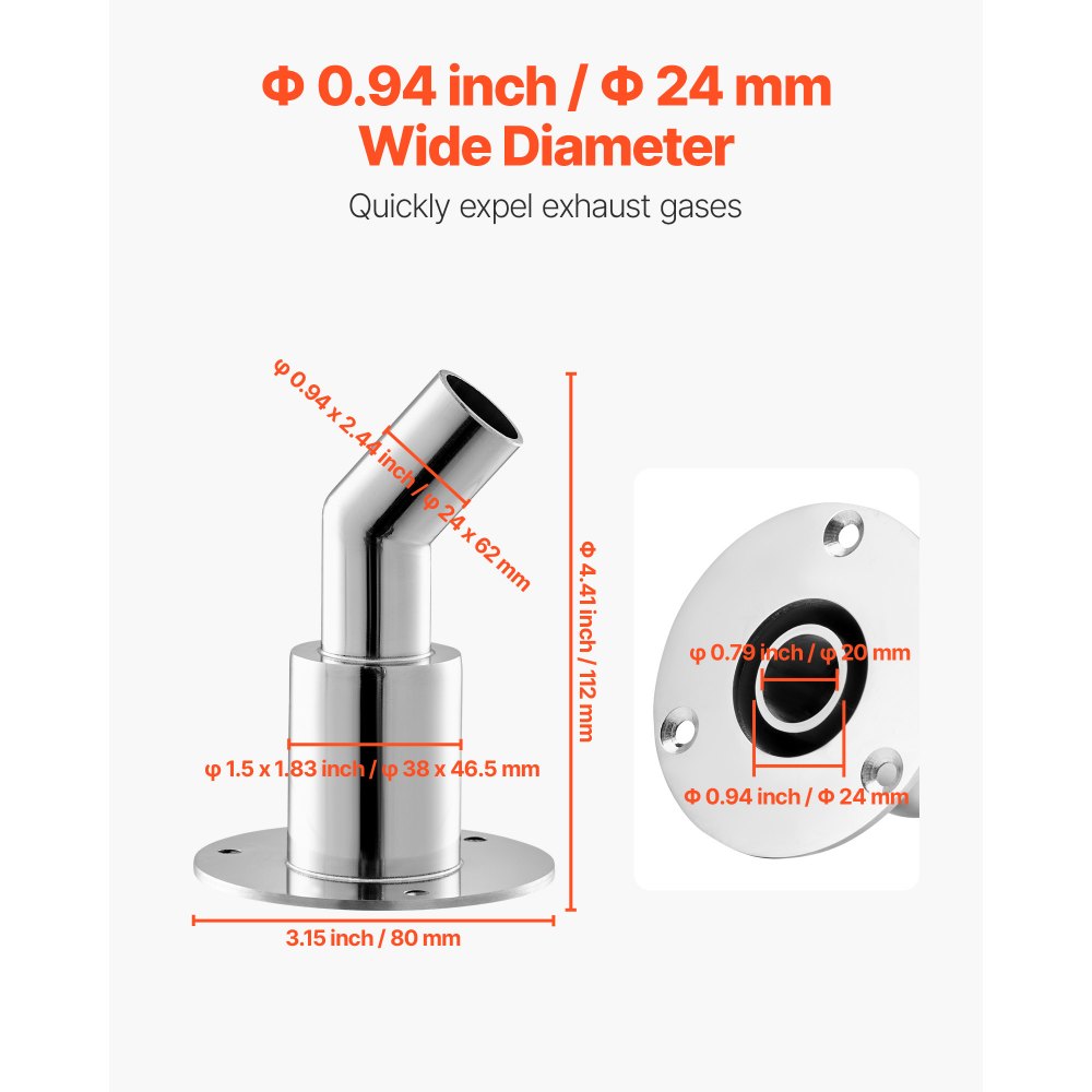 VEVOR Thru Hull Exhaust Skin Fitting, 24mm Diesel Heater Exhaust Skin Fitting, Elbow Hull Exhausts Pipe Socket Replacement with Screw, Nuts & Gasket for 2KW 5KW 8KW Diesel Heaters, 316 Stainless Steel