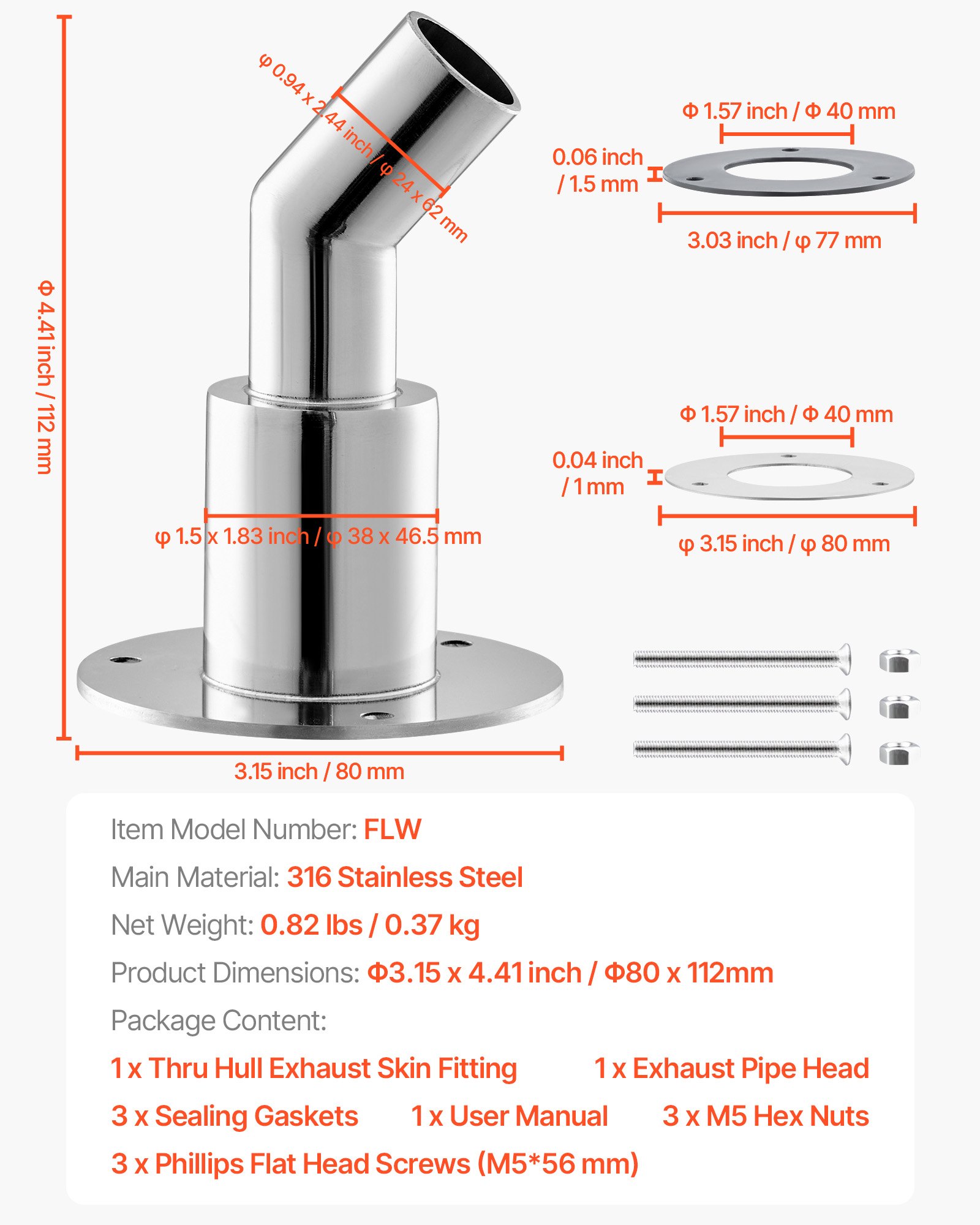VEVOR Thru Hull Exhaust Skin Fitting, 24mm Diesel Heater Exhaust Skin Fitting, Elbow Hull Exhausts Pipe Socket Replacement with Screw, Nuts & Gasket for 2KW 5KW 8KW Diesel Heaters, 316 Stainless Steel
