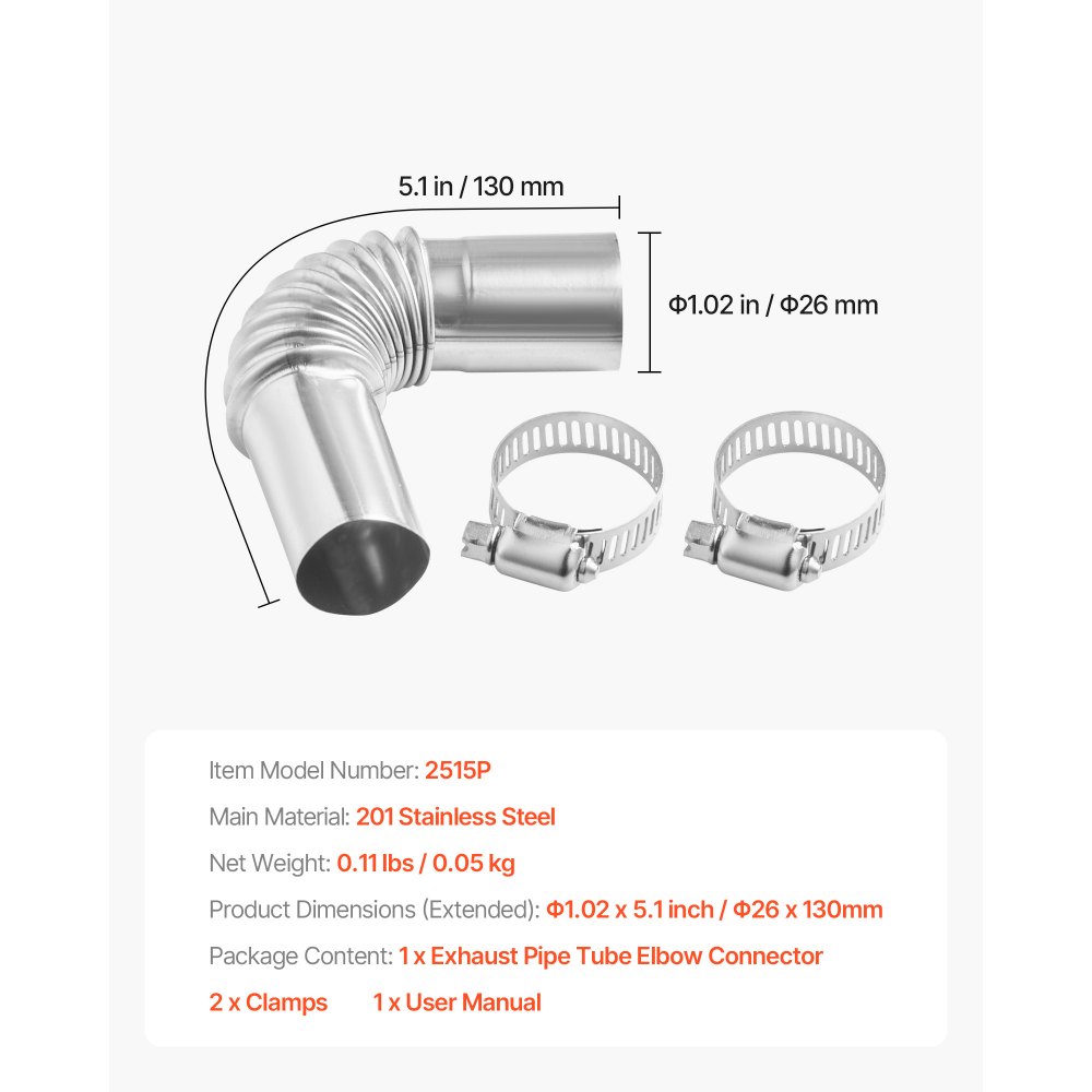 VEVOR Exhaust Pipe Tube Elbow Connector, 25mm Diesel Heater Exhaust Elbow, Air Parking Heater Exhausts Pipe Tube Elbows Connector 2 Clamps for 2KW 5KW 8KW Diesel Heater, 201 Stainless Steel, Silver