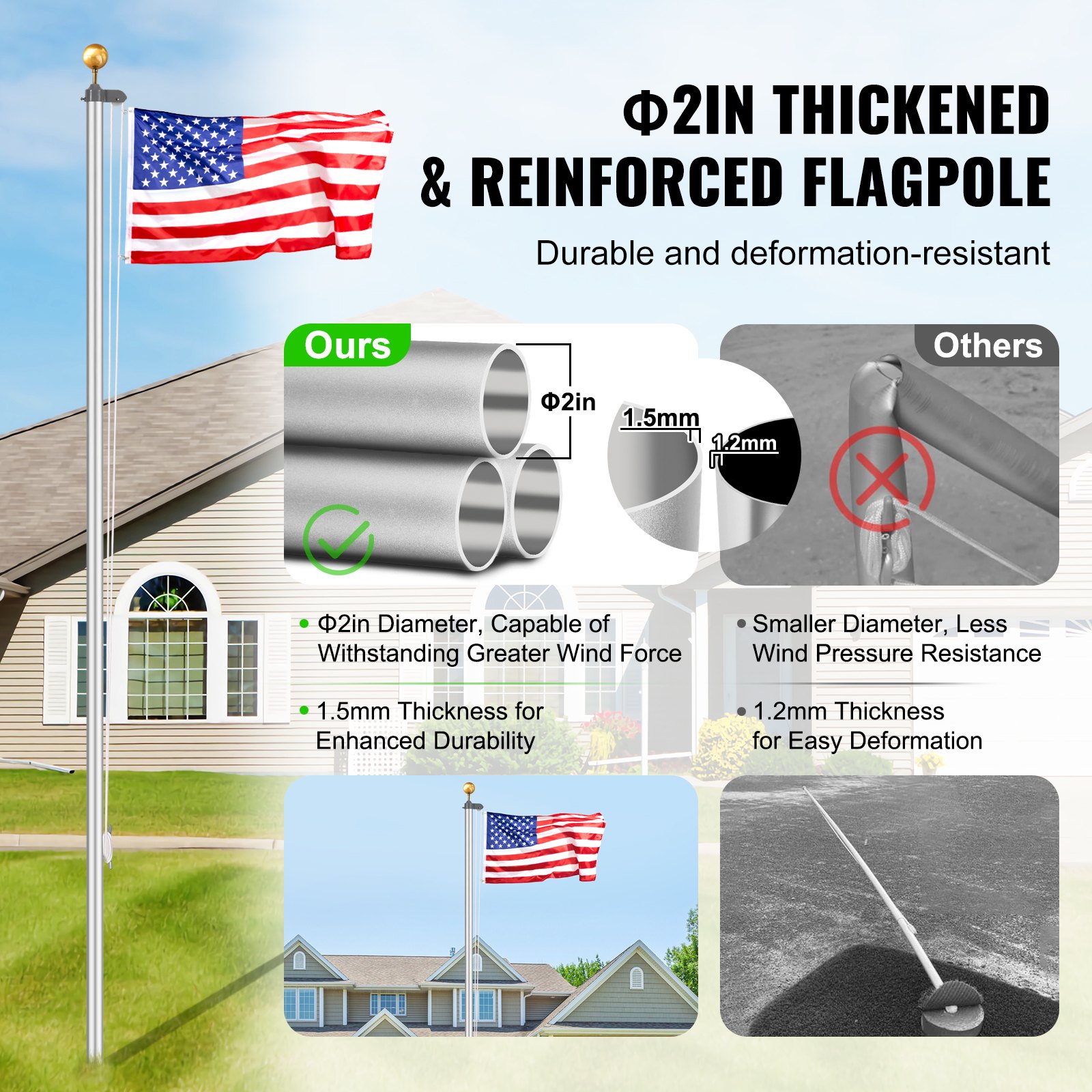 VEVOR 20ft Detachable Flagpole Kit, Robust Aluminum Alloy Flagpole Kit for Outdoor Use, Flagpole with 3 Display Modes and Professional Accessories, Silver