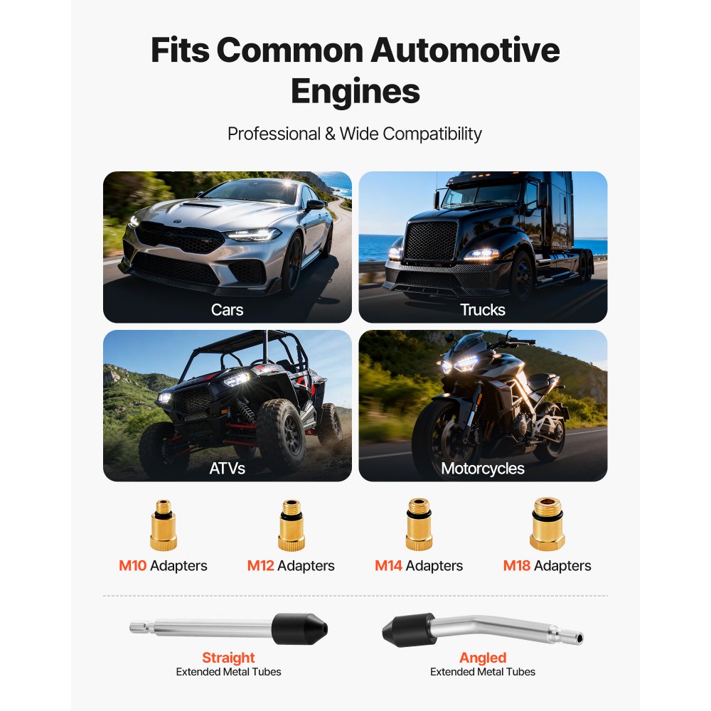 Tester spadku ciśnienia VEVOR do cylindrów silnika, zakres 10–200 psi, tester ciśnienia w cylindrze z 4 adapterami, kątowymi, przedłużonymi metalowymi rurkami i walizką transportową, zestaw do pomiaru kompresji w samochodzie