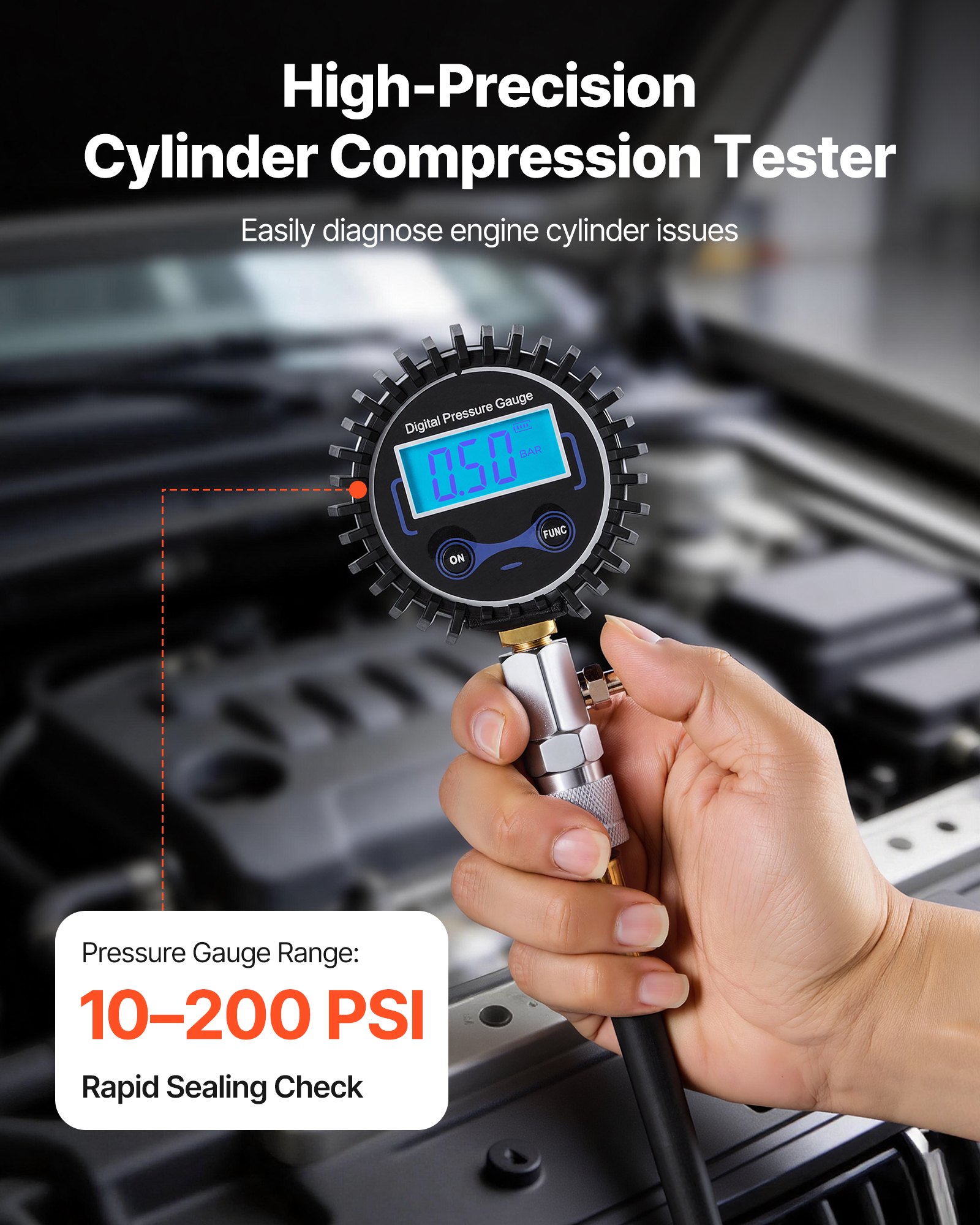 Tester spadku ciśnienia VEVOR do cylindrów silnika, zakres 10–200 psi, tester ciśnienia w cylindrze z 4 adapterami, kątowymi, przedłużonymi metalowymi rurkami i walizką transportową, zestaw do pomiaru kompresji w samochodzie