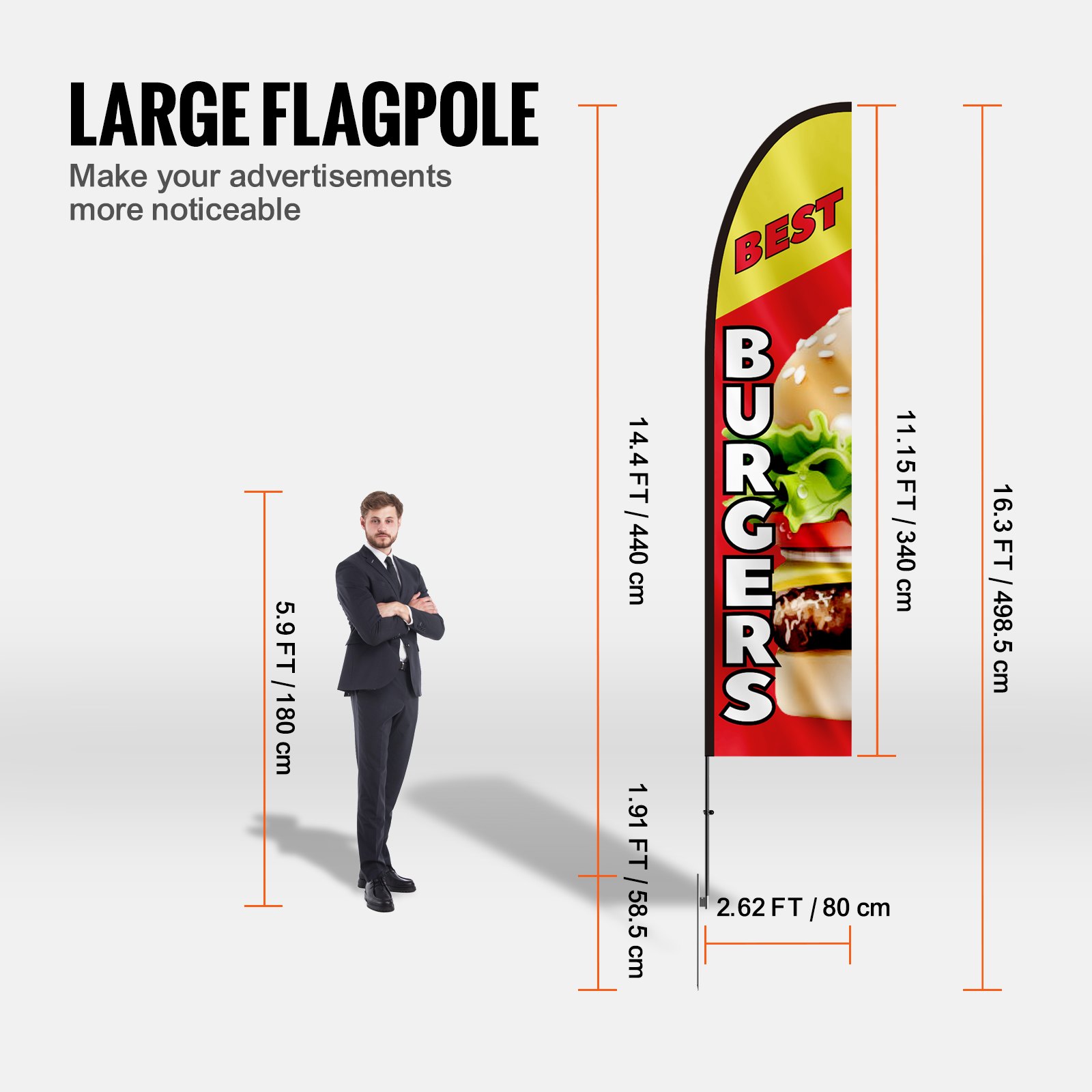 Flaga reklamowa VEVOR 5m z piórami do restauracji z burgerami z zestawem masztów, zewnętrzne flagi reklamowe dla firm, w tym 1 flaga banerowa, 1 maszt, 1 palik do wbicia w ziemię, flaga Swooper dla firm
