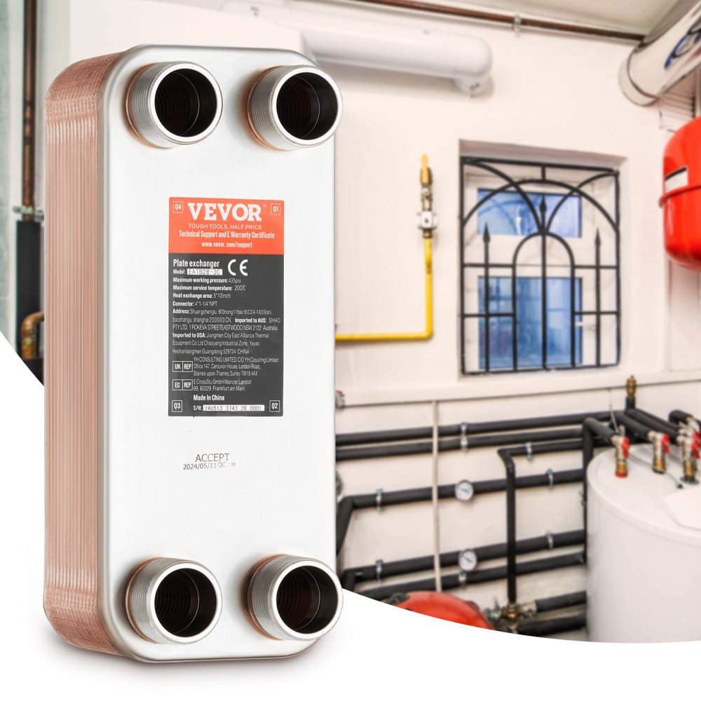 Wymiennik ciepła VEVOR, 127 x 305 mm, 30 płyt, lutowany płytowy wymiennik ciepła, miedź/stal nierdzewna 316L, wymiennik ciepła woda-woda do ogrzewania podłogowego, podgrzewania wody użytkowej, topienia śniegu, chłodzenia piwa