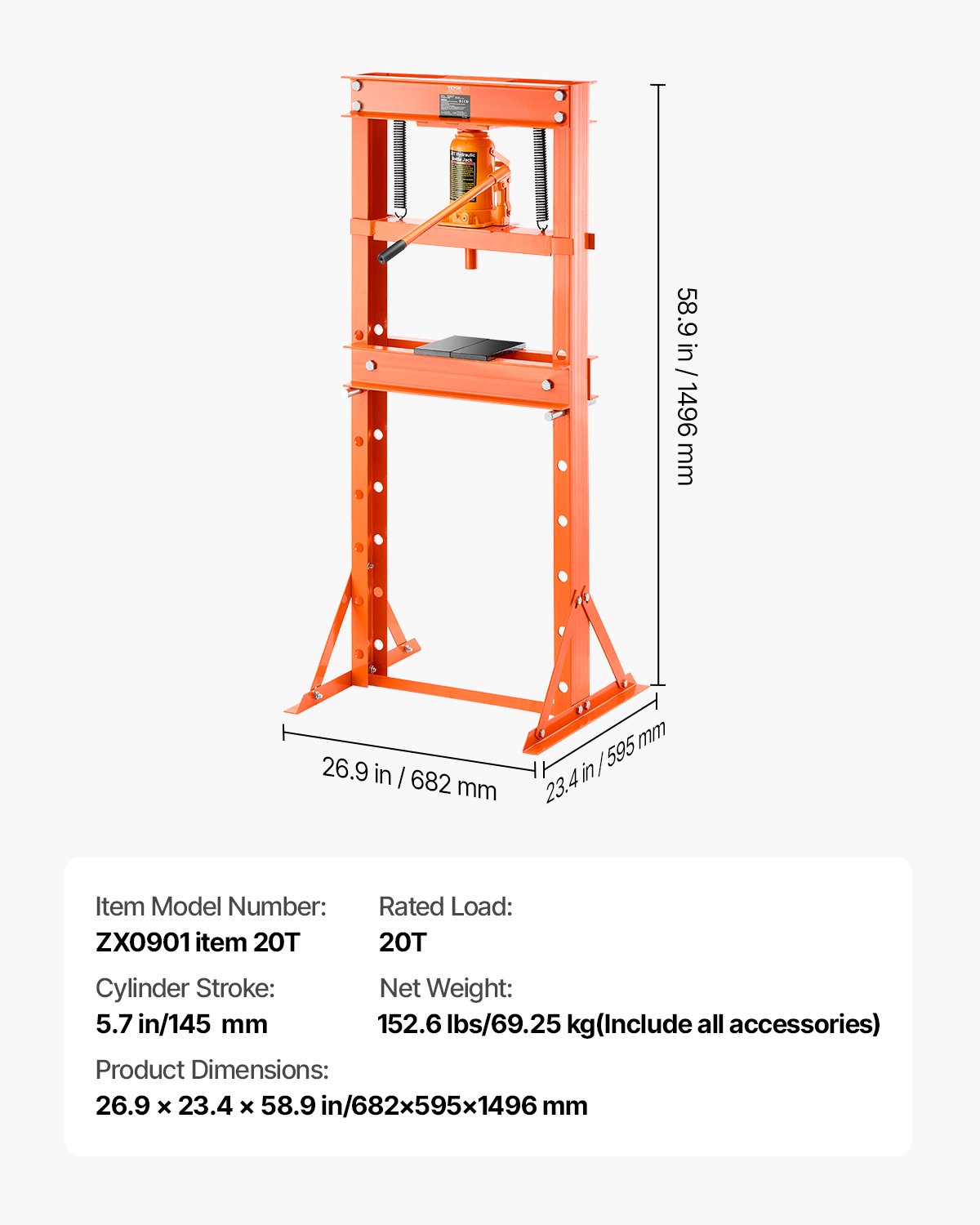 Prasa hydrauliczna warsztatowa VEVOR 20 t (rama H) z płytą prasującą i podporą trójkątną, regulowana prasa hydrauliczna z zaworem bezpieczeństwa (maks. skok cylindra 145 mm), do gięcia, prostowania i dziurkowania