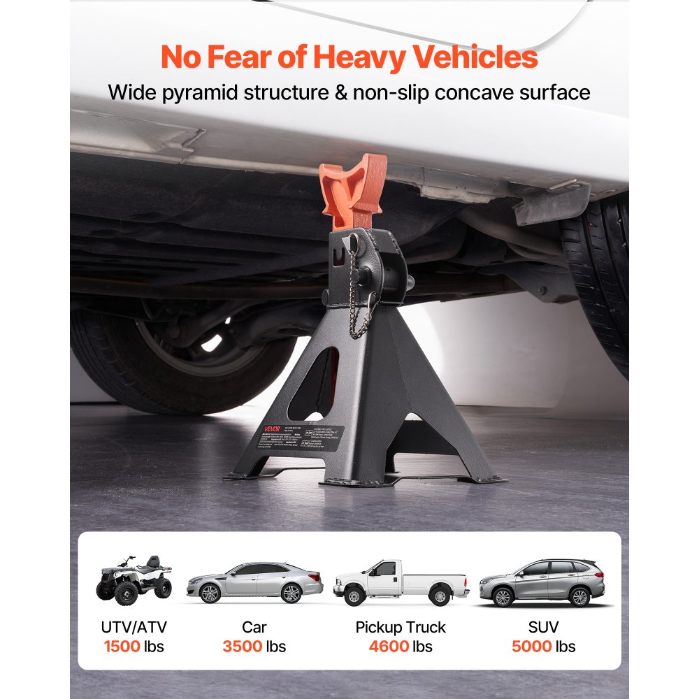 VEVOR Jack Stands, 3 Ton (6,600 lbs) Capacity, 275-415 mm Adjustable Height, Heavy Duty Steel Jack Auto Stands with Double Locking, for Lifting SUV, Pickup, Car, UTV/ATV, 1 Pair, Black and Orange