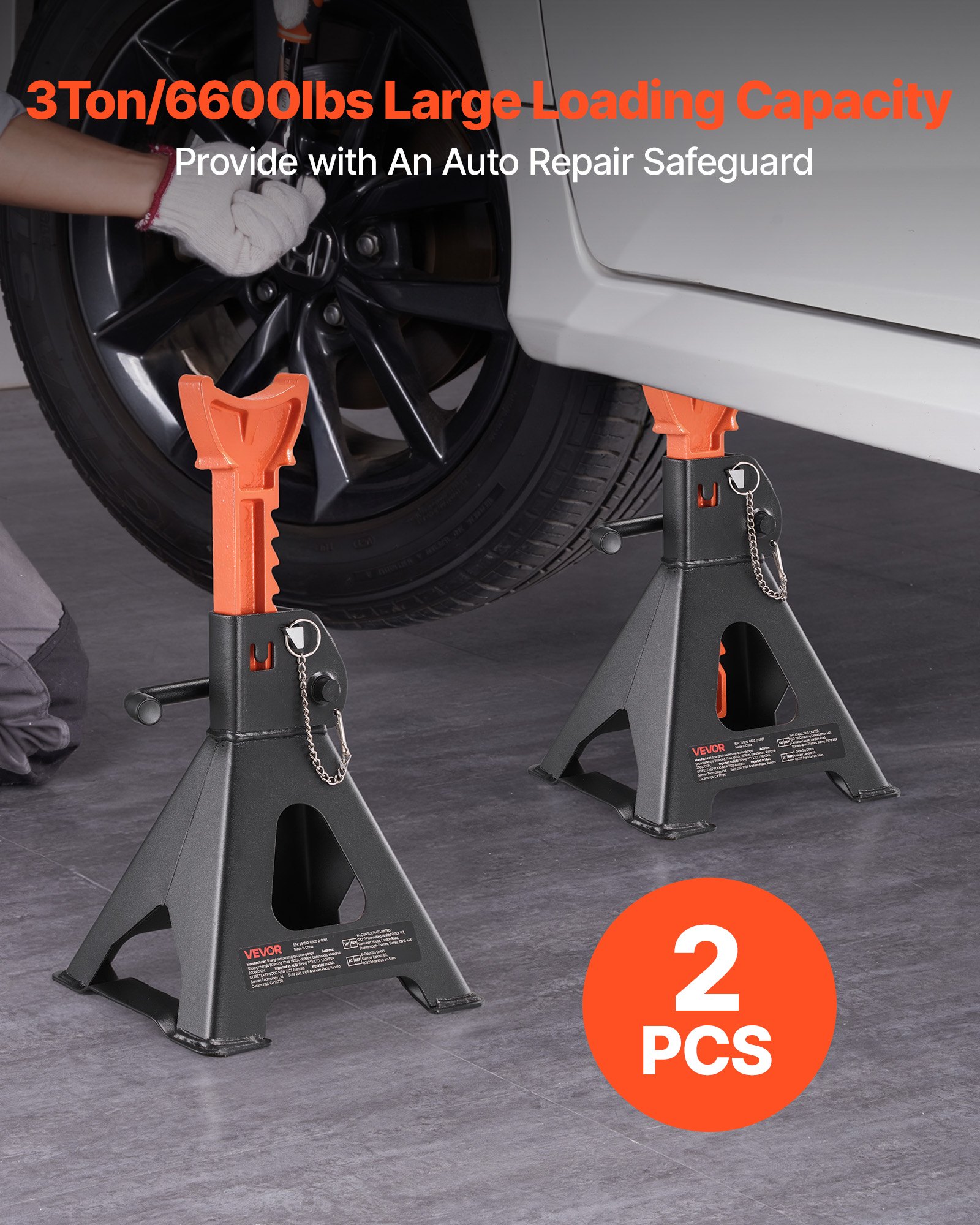 VEVOR Jack Stands, 3 Ton (6,600 lbs) Capacity, 275-415 mm Adjustable Height, Heavy Duty Steel Jack Auto Stands with Double Locking, for Lifting SUV, Pickup, Car, UTV/ATV, 1 Pair, Black and Orange