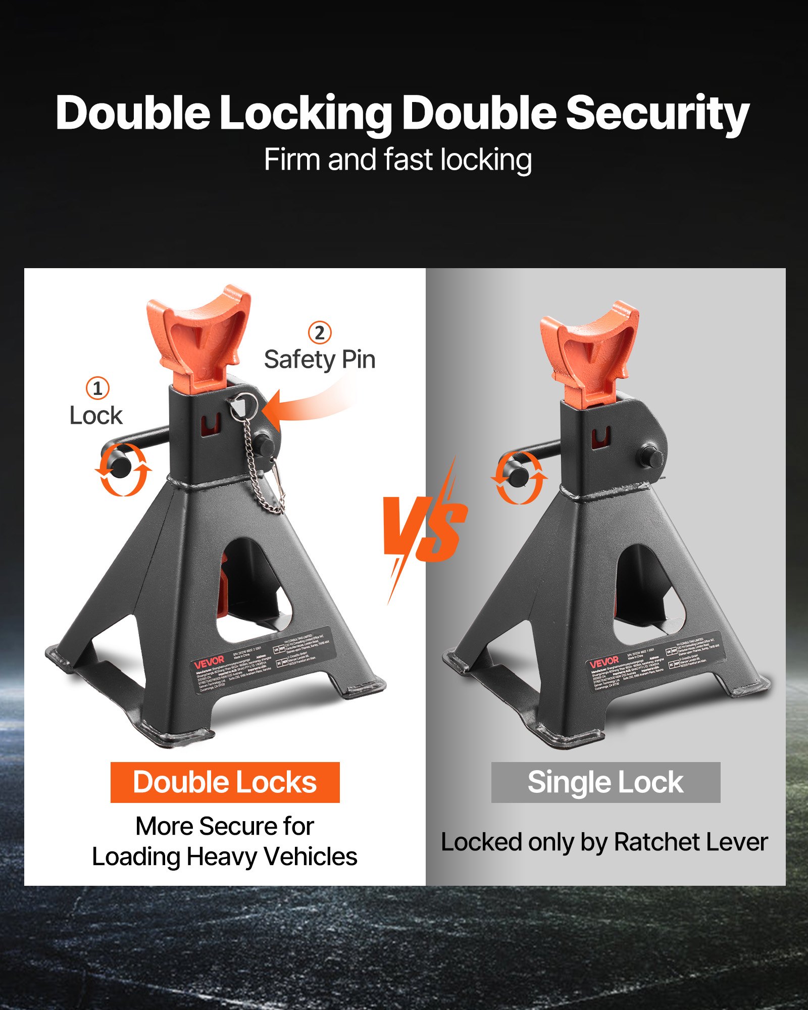 VEVOR Jack Stands, 3 Ton (6,600 lbs) Capacity, 275-415 mm Adjustable Height, Heavy Duty Steel Jack Auto Stands with Double Locking, for Lifting SUV, Pickup, Car, UTV/ATV, 1 Pair, Black and Orange