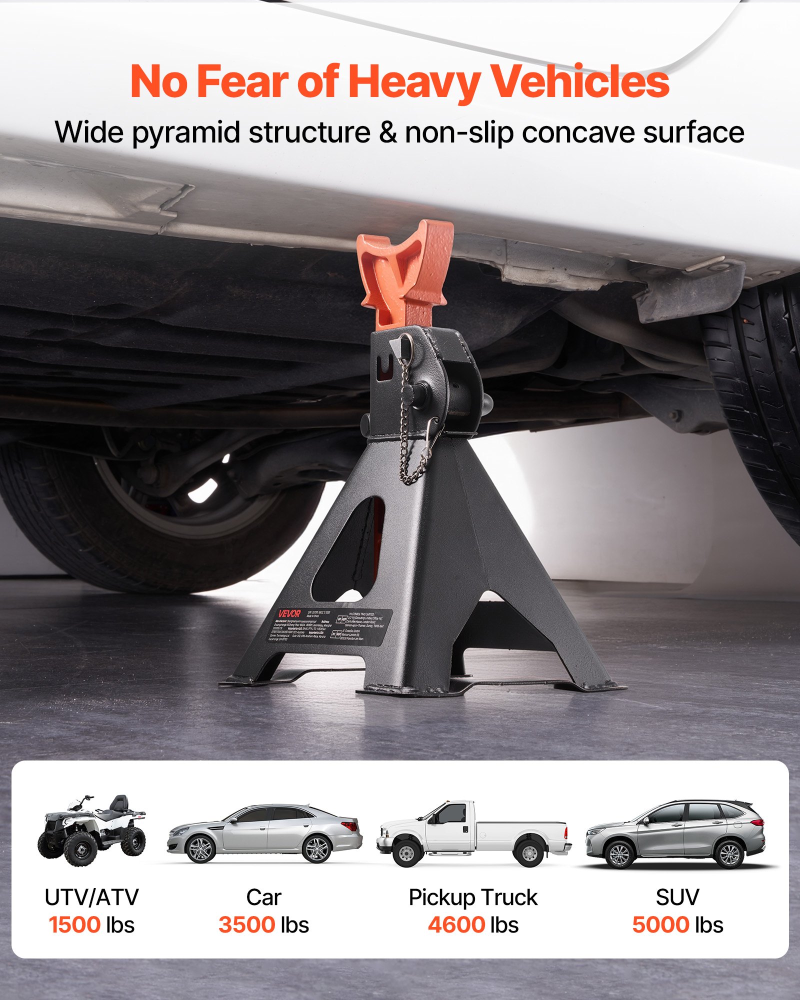 VEVOR Jack Stands, 3 Ton (6,600 lbs) Capacity, 275-415 mm Adjustable Height, Heavy Duty Steel Jack Auto Stands with Double Locking, for Lifting SUV, Pickup, Car, UTV/ATV, 1 Pair, Black and Orange