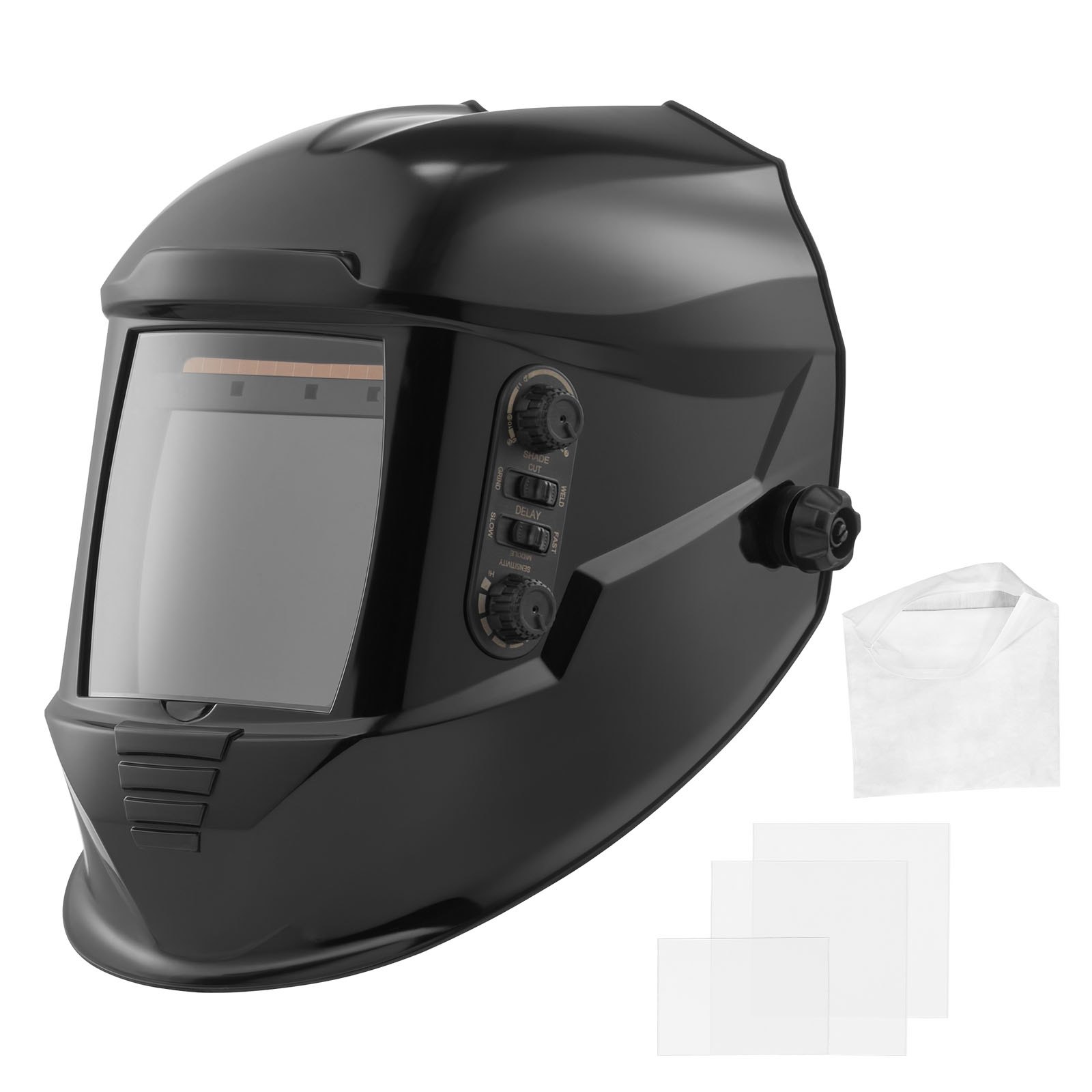 Automatyczna maska ​​spawalnicza VEVOR, 100 x 95 mm, True Color, maska ​​spawalnicza 1/1/1/1 z funkcją solarną, 4 czujniki łuku, DIN 4/5-9/9-13, do spawania TIG, szlifowania i cięcia łukiem elektrycznym – seria METIS, czarna