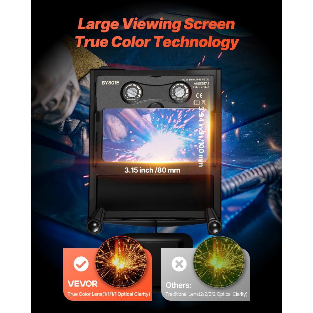 Automatyczna maska ​​spawalnicza VEVOR, True Color, 100 x 80 mm, zasilana energią słoneczną, z 4 czujnikami łuku, DIN 4/5-9/9-13 do spawania, cięcia i szlifowania metodą TIG, MIG i łukiem elektrycznym – seria METIS