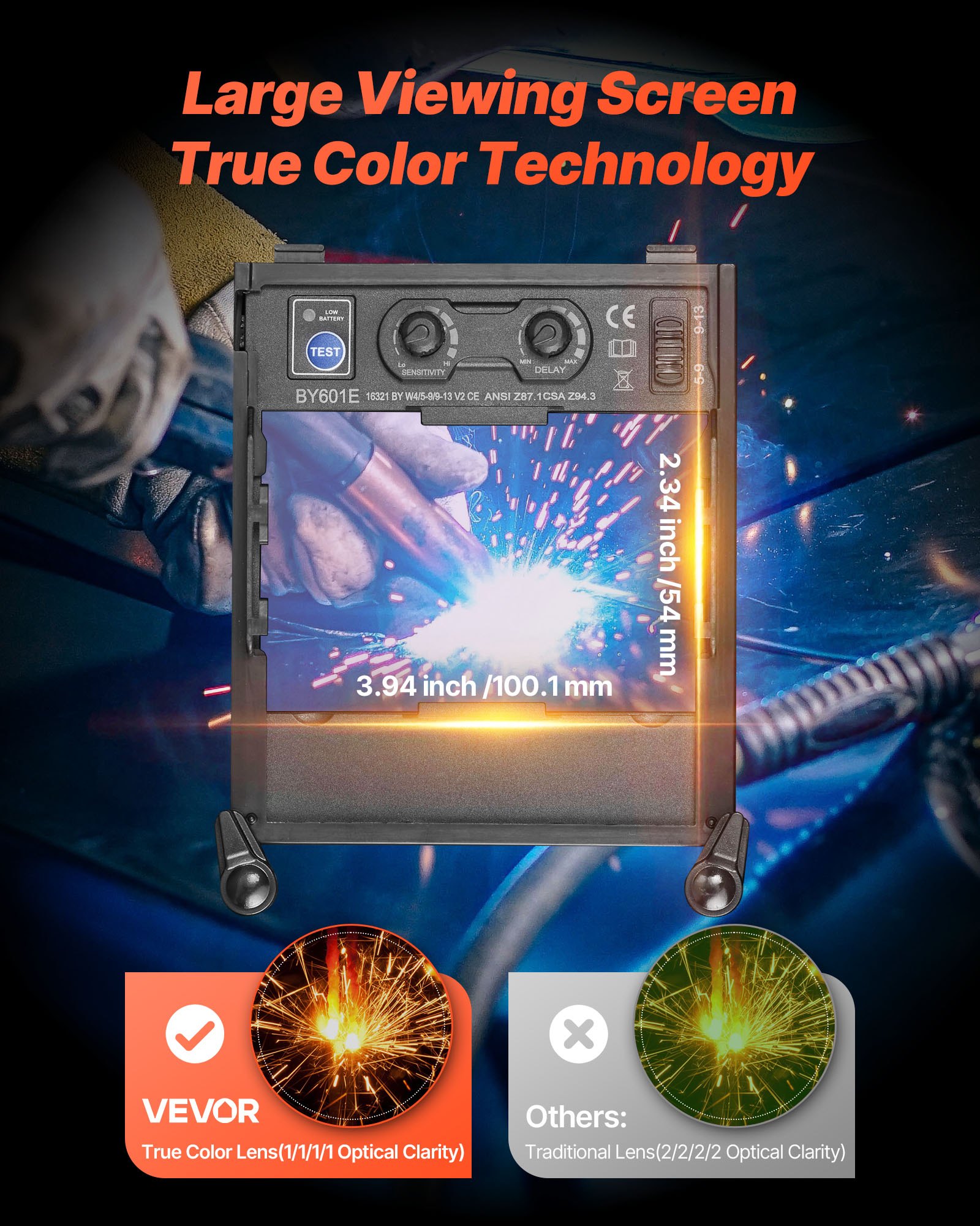 Automatyczna maska ​​spawalnicza VEVOR, 100,1 x 59,4 mm True Color, maska ​​spawalnicza solarna z 4 czujnikami łuku, osłona spawalnicza DIN 4/5-9/9-13 do spawania TIG, MIG, szlifowania i cięcia łukiem elektrycznym – seria METIS