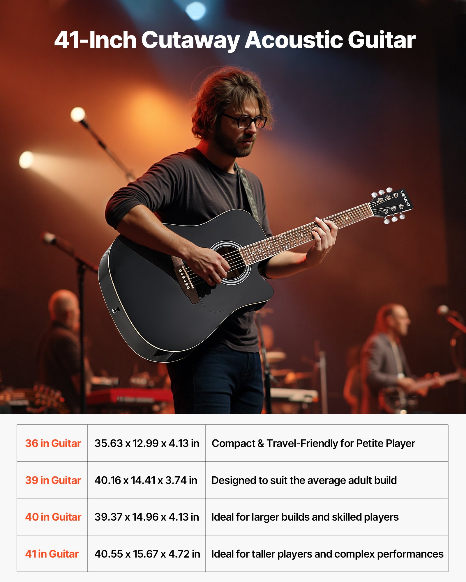 VEVOR Zestaw do gitary elektroakustycznej z wycięciem, solo, dla początkujących, 1041,4 mm (41 inch), czarny