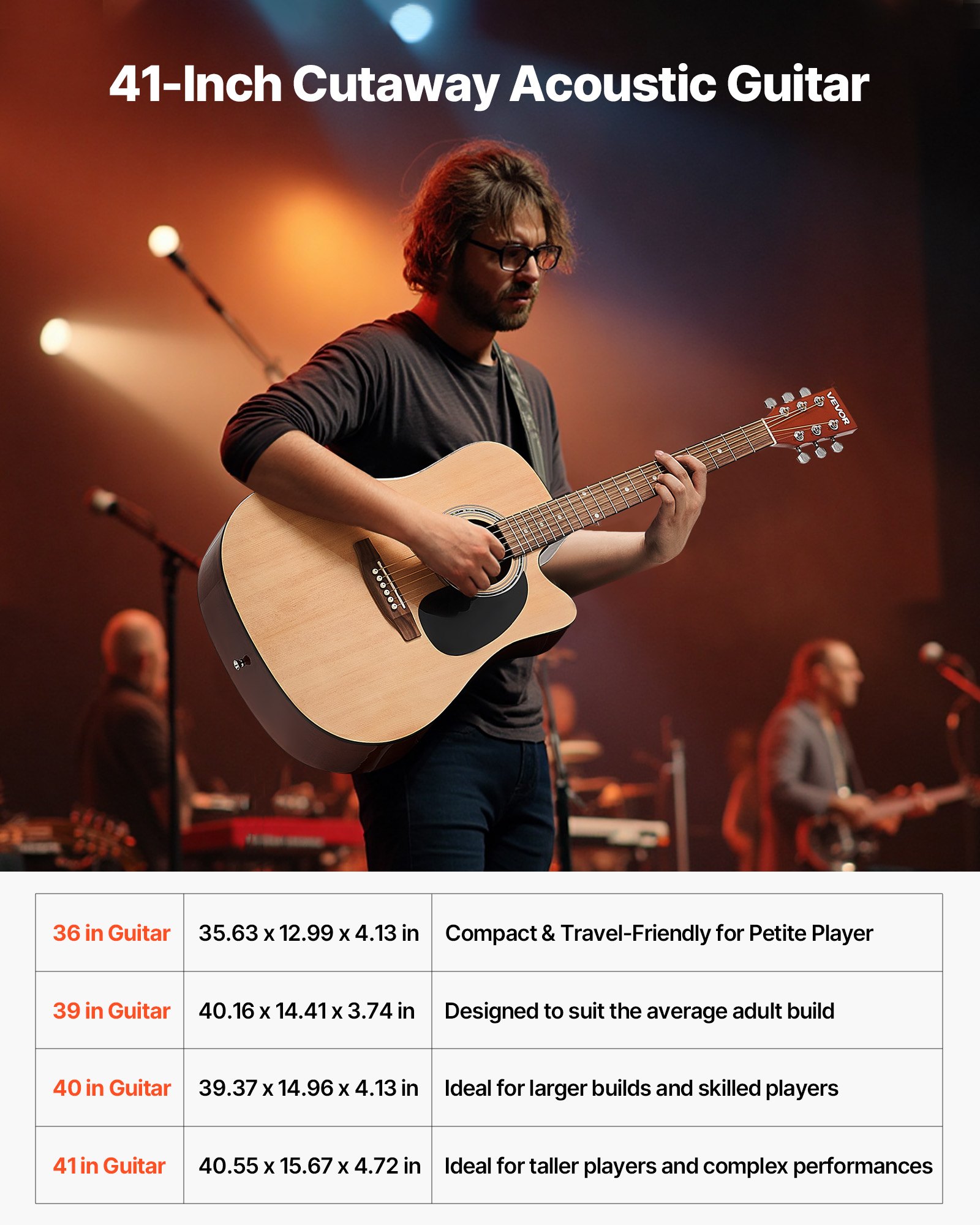 Gitara akustyczna elektryczna VEVOR Cutaway dla początkujących 1041,4 mm (41 inch), naturalna dla dorosłych