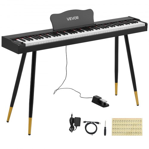 Cyfrowe pianino VEVOR, 88 półważonych klawiszy, standardowy rozmiar, pianino elektryczne, czarne dla początkujących, 600 brzmień, 600 rytmów, USB, MIDI, wyjście audio, gniazdo słuchawkowe, pedał podtrzymujący i głośniki Hi-Fi