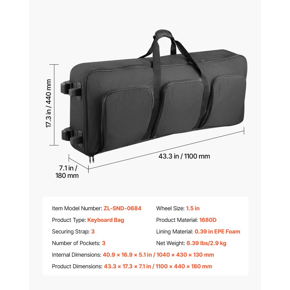 Torba na klawiaturę VEVOR, torba na klawiaturę 88 klawiszy, 1100 x 440 x 180 mm, torba na pianino elektryczne z regulowanymi paskami na ramię, uchwytami do przenoszenia i kółkami, 1680D, wodoodporna i wyściełana do klawiatury