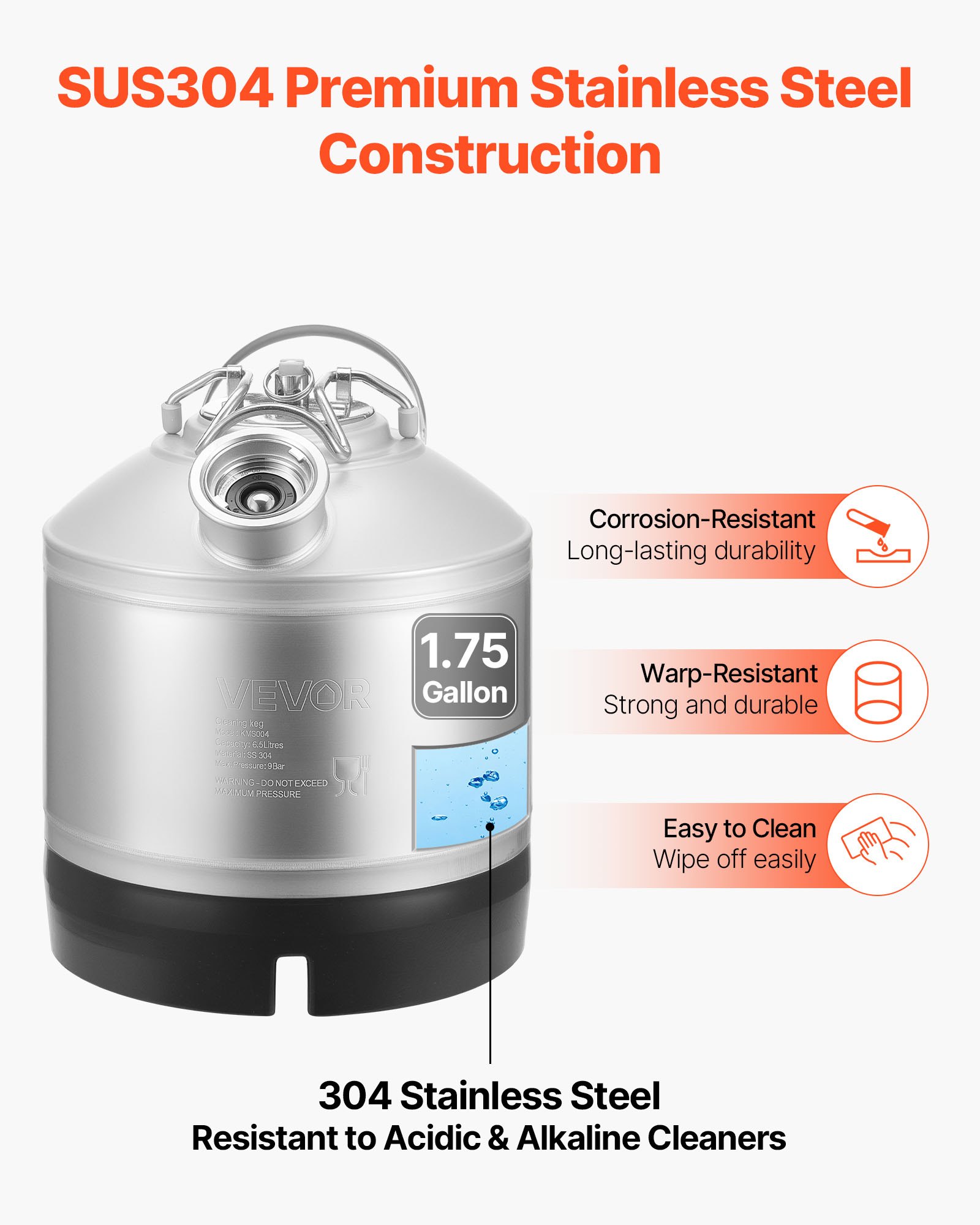 Pojemnik do czyszczenia beczek VEVOR, urządzenie do czyszczenia linii piwnych o pojemności 6,5 l ze złączem typu D i gumową podstawą, środek czyszczący do linii piwnych, urządzenie czyszczące ze stali nierdzewnej 304