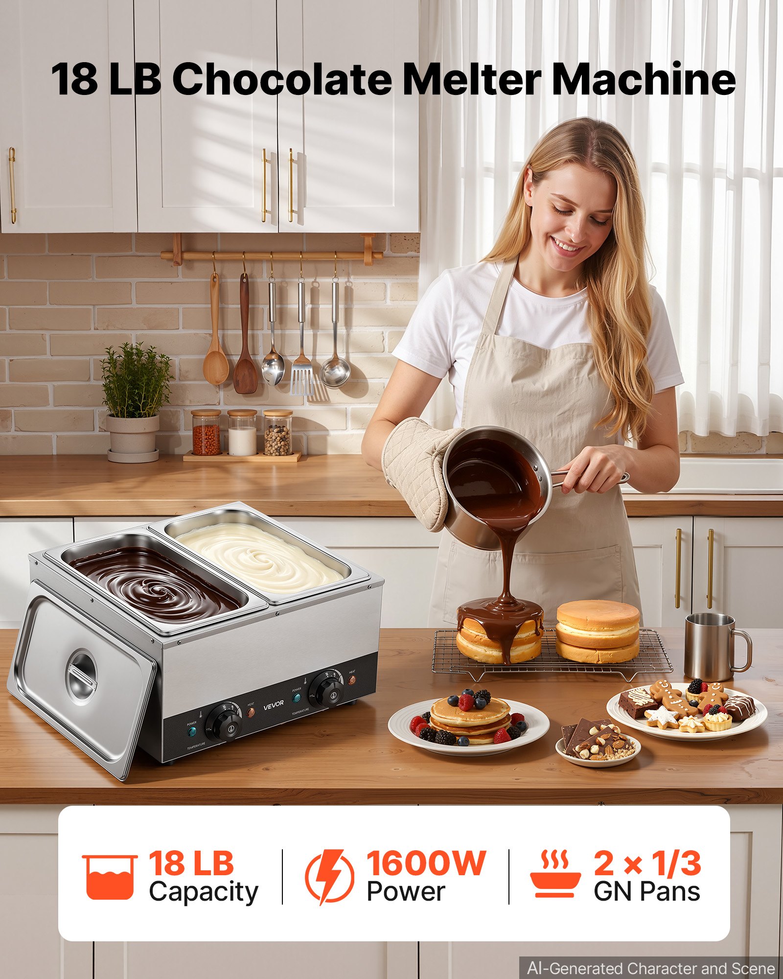 Maszyna do topienia czekolady VEVOR z 2 wyjmowanymi pojemnikami ze stali nierdzewnej, 800+800 W, do piekarni i restauracji, osobna regulacja temperatury dla każdego pojemnika, 30–85 °C, zabezpieczenie przed pracą na sucho, maszyna do temperowania czekolady