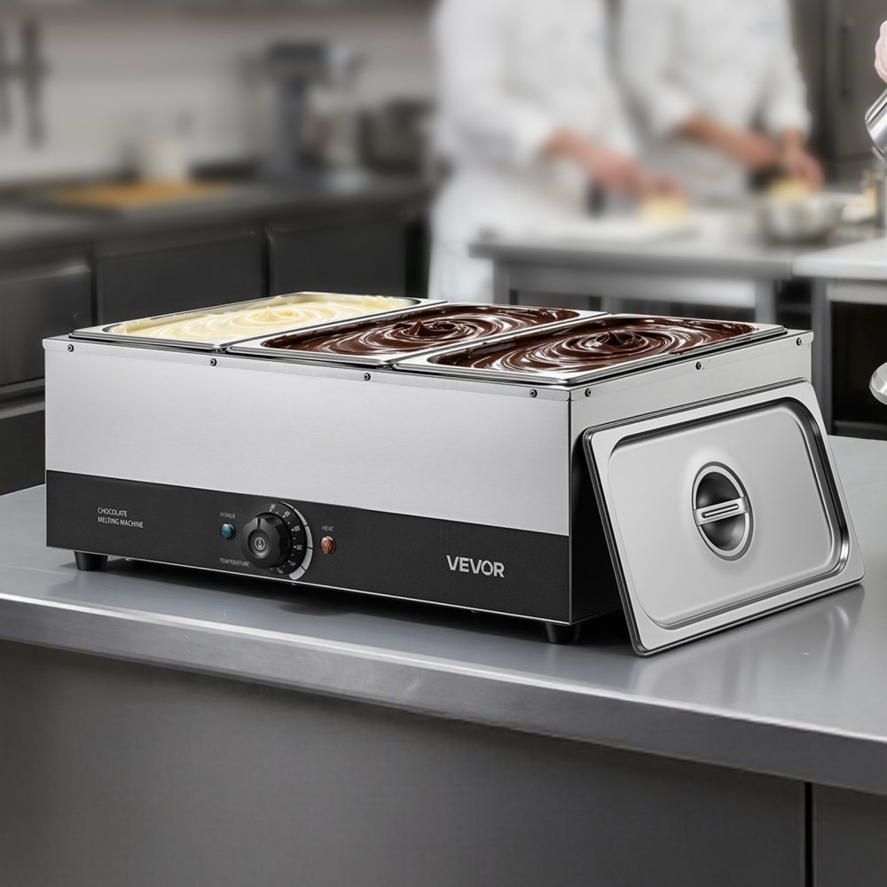 Maszyna do topienia czekolady VEVOR z 3 wyjmowanymi pojemnikami ze stali nierdzewnej, 1,2 kW, do piekarni, cukierni i restauracji, z regulacją temperatury 30–85°C, zabezpieczeniem przed pracą na sucho, maszyna do temperowania czekolady