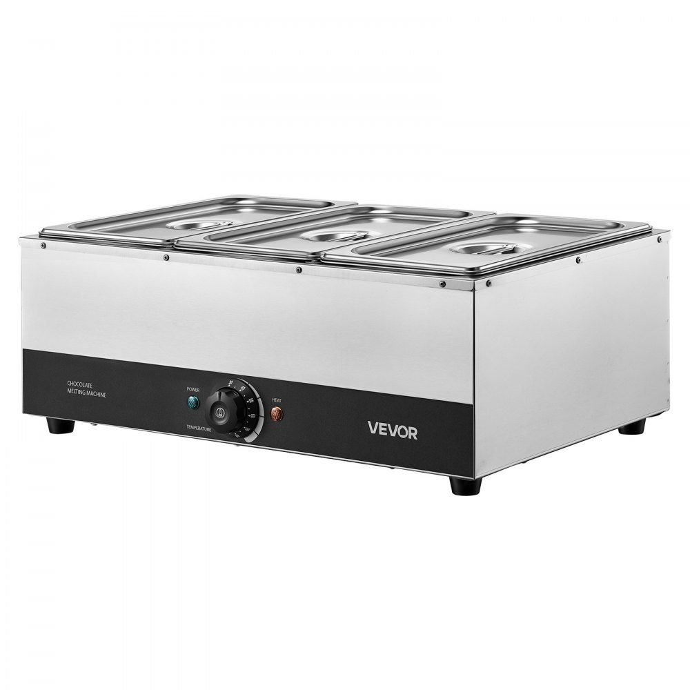 Maszyna do topienia czekolady VEVOR z 3 wyjmowanymi pojemnikami ze stali nierdzewnej, 1,2 kW, do piekarni, cukierni i restauracji, z regulacją temperatury 30–85°C, zabezpieczeniem przed pracą na sucho, maszyna do temperowania czekolady