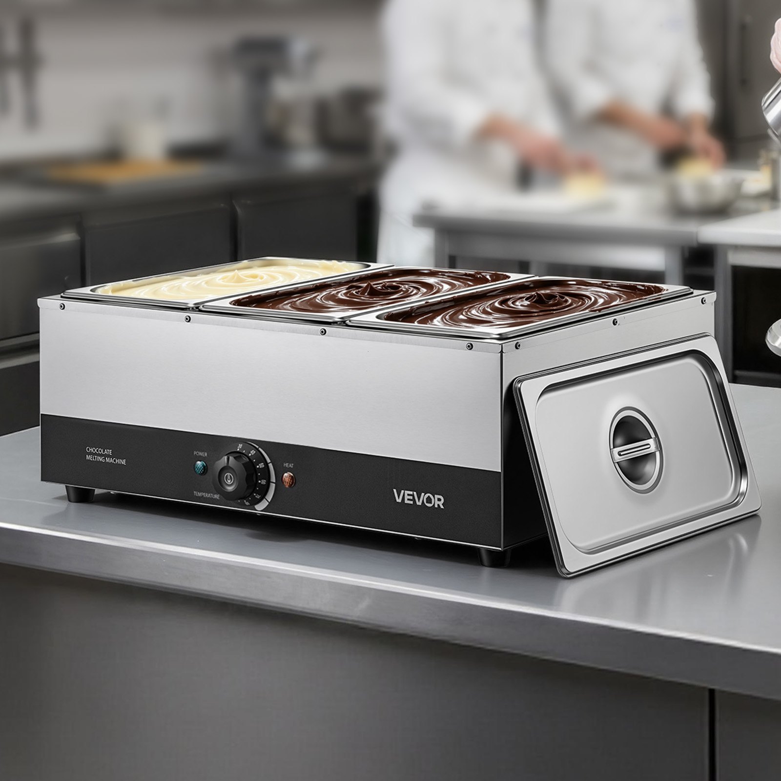 Maszyna do topienia czekolady VEVOR z 3 wyjmowanymi pojemnikami ze stali nierdzewnej, 1,2 kW, do piekarni, cukierni i restauracji, z regulacją temperatury 30–85°C, zabezpieczeniem przed pracą na sucho, maszyna do temperowania czekolady
