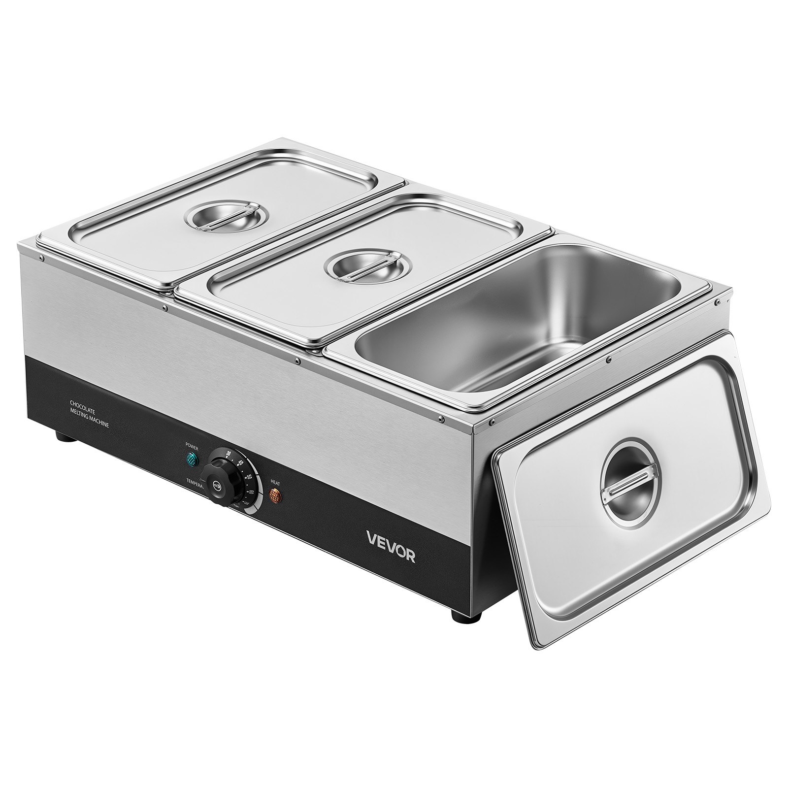 Maszyna do topienia czekolady VEVOR z 3 wyjmowanymi pojemnikami ze stali nierdzewnej, 1,2 kW, do piekarni, cukierni i restauracji, z regulacją temperatury 30–85°C, zabezpieczeniem przed pracą na sucho, maszyna do temperowania czekolady
