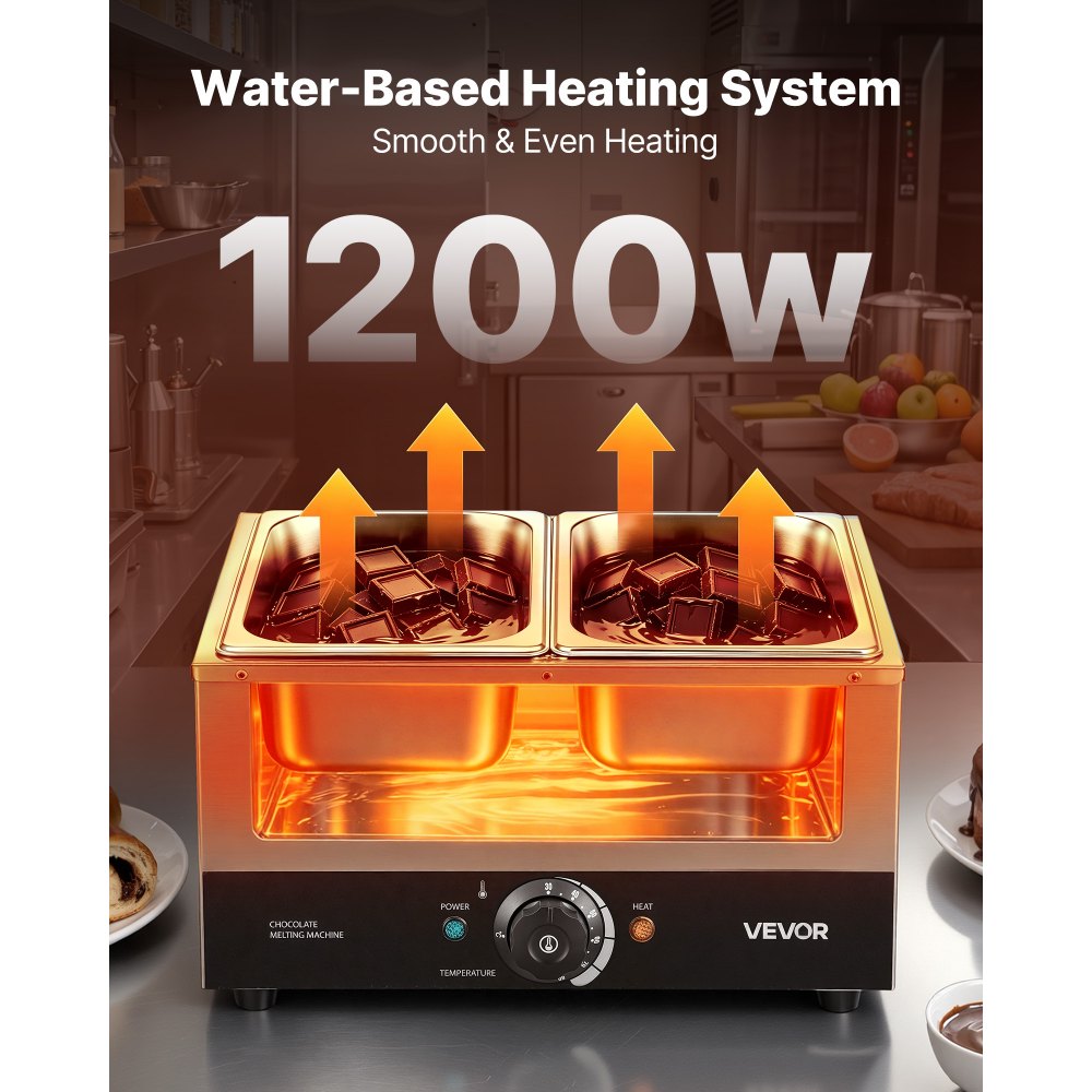 Maszyna do topienia czekolady VEVOR z 2 wyjmowanymi pojemnikami ze stali nierdzewnej, 1,2 kW, do piekarni, cukierni i restauracji, z regulacją temperatury 30–85°C, zabezpieczeniem przed pracą na sucho, maszyna do temperowania czekolady